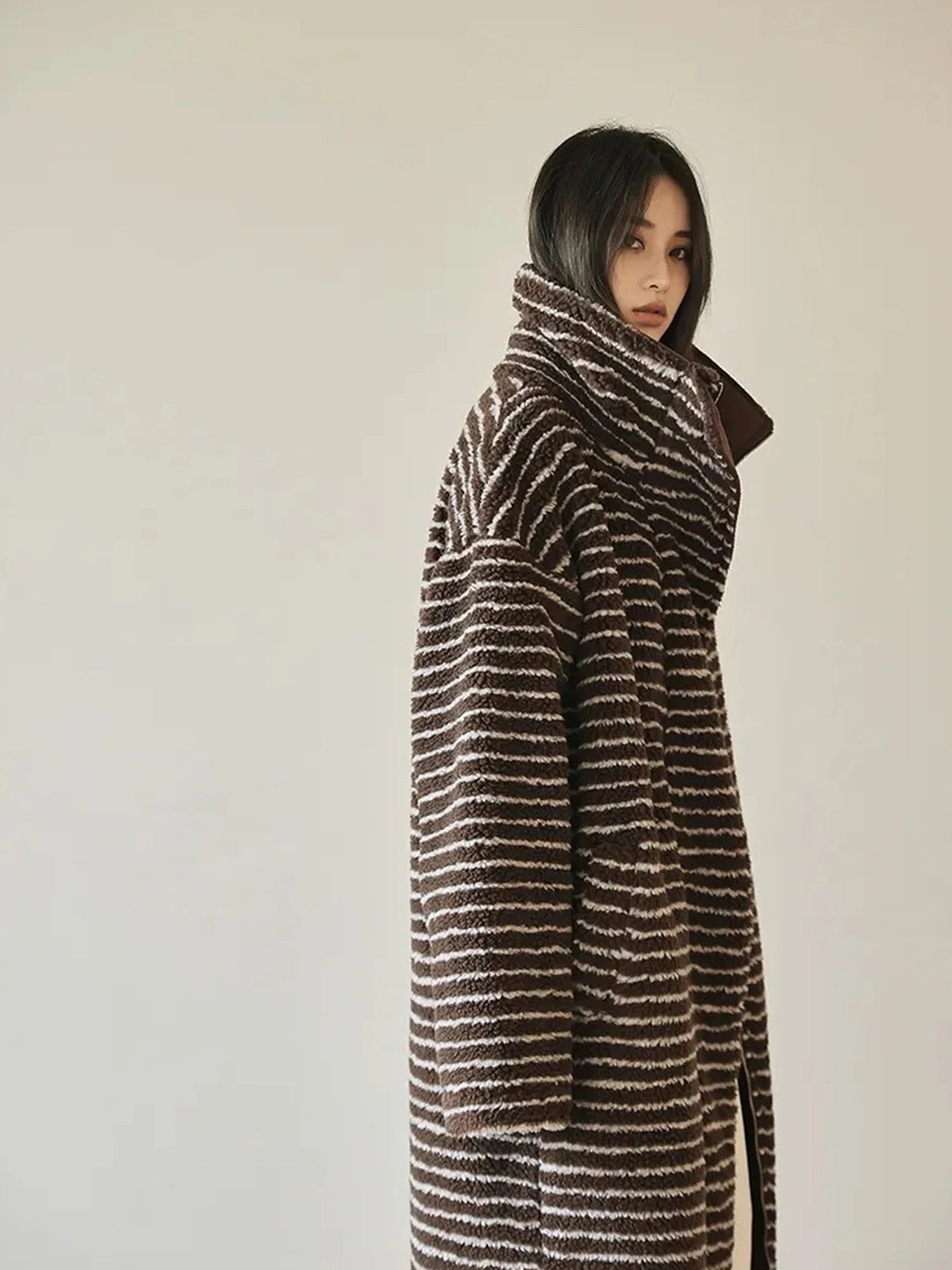 FU FRESH UP Striped Faux Shearling Oversized Trench Coat
