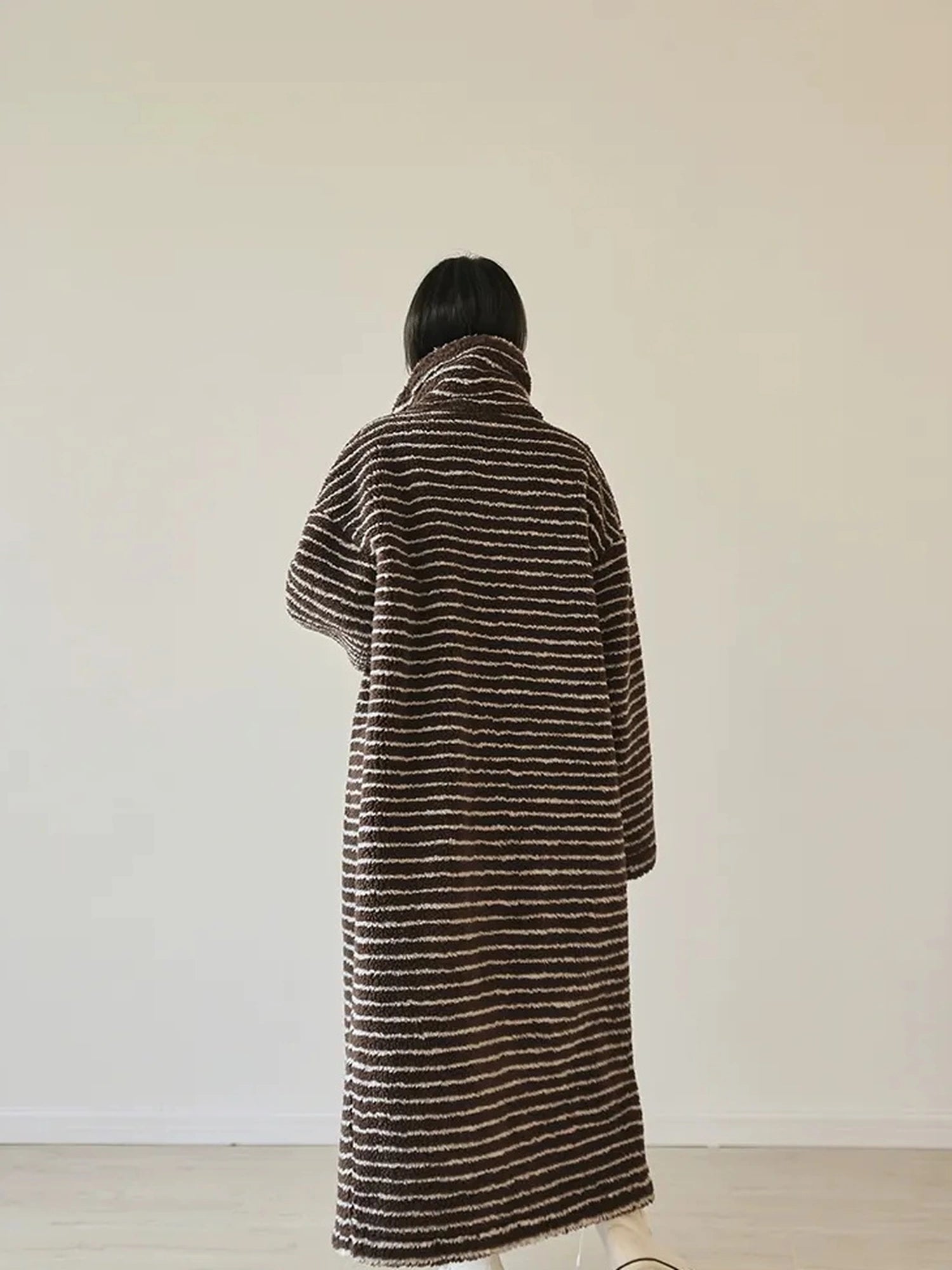 FU FRESH UP Striped Faux Shearling Oversized Trench Coat