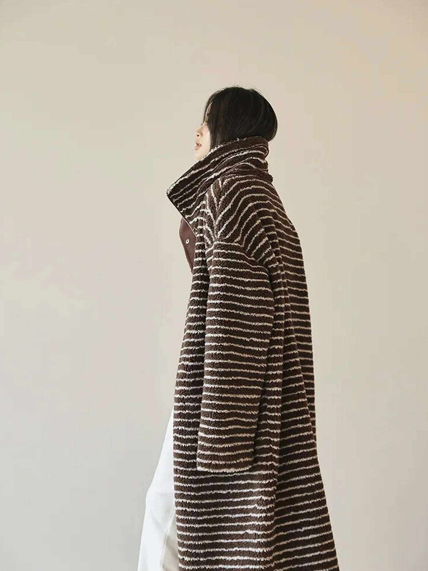 FU FRESH UP Striped Faux Shearling Oversized Trench Coat