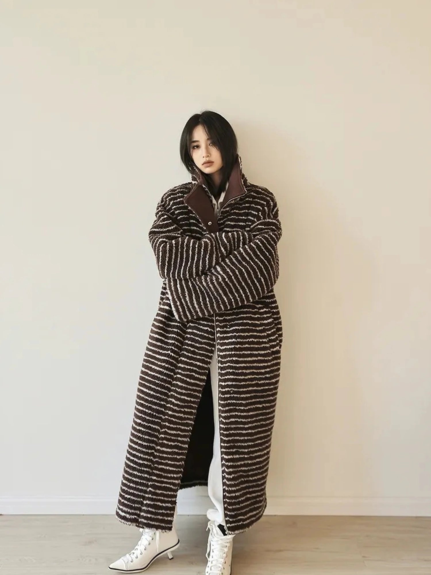 FU FRESH UP Striped Faux Shearling Oversized Trench Coat