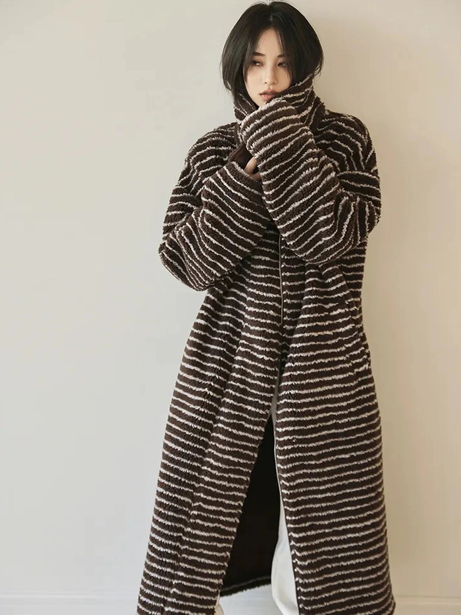 FU FRESH UP Striped Faux Shearling Oversized Trench Coat