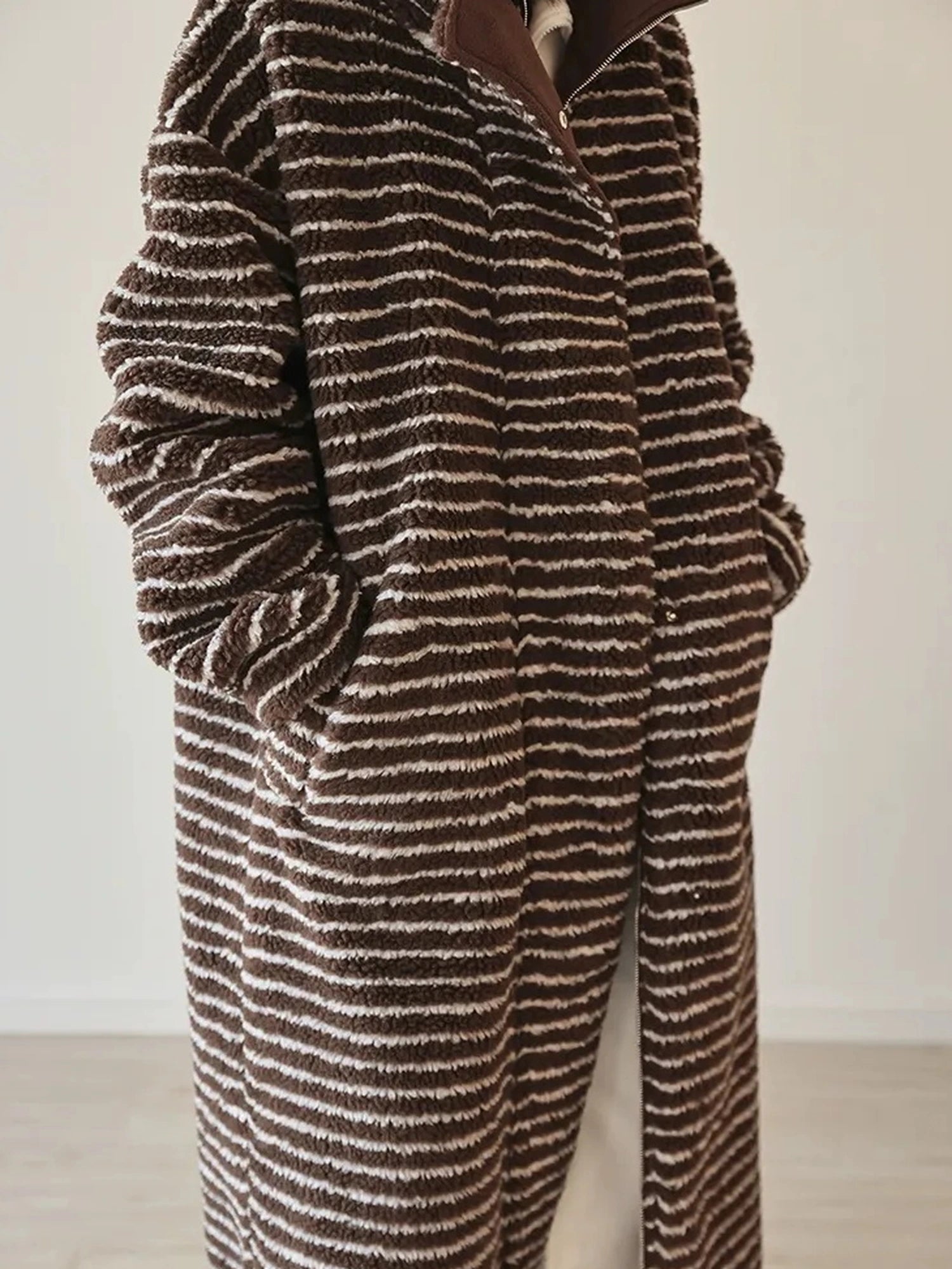 FU FRESH UP Striped Faux Shearling Oversized Trench Coat
