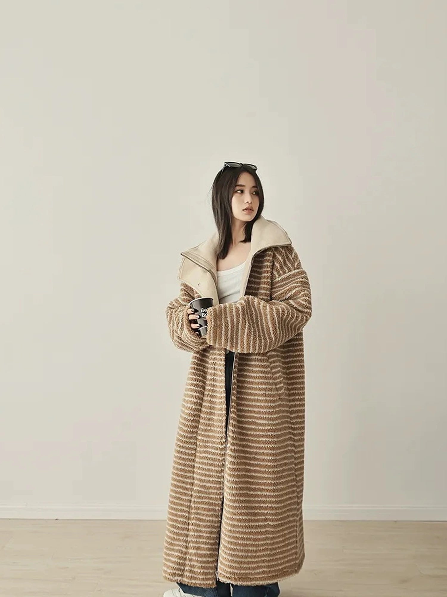 FU FRESH UP Striped Faux Shearling Oversized Trench Coat