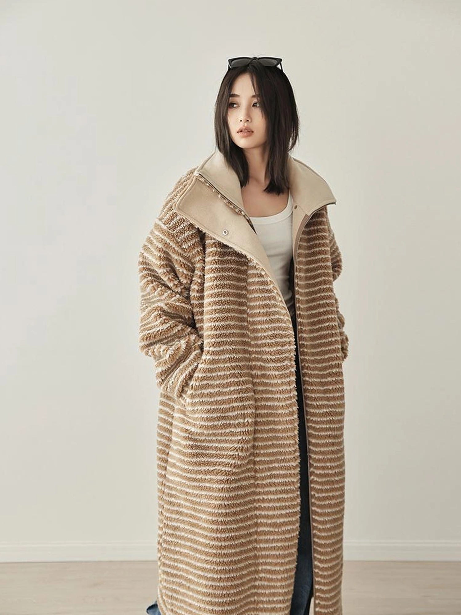 FU FRESH UP Striped Faux Shearling Oversized Trench Coat
