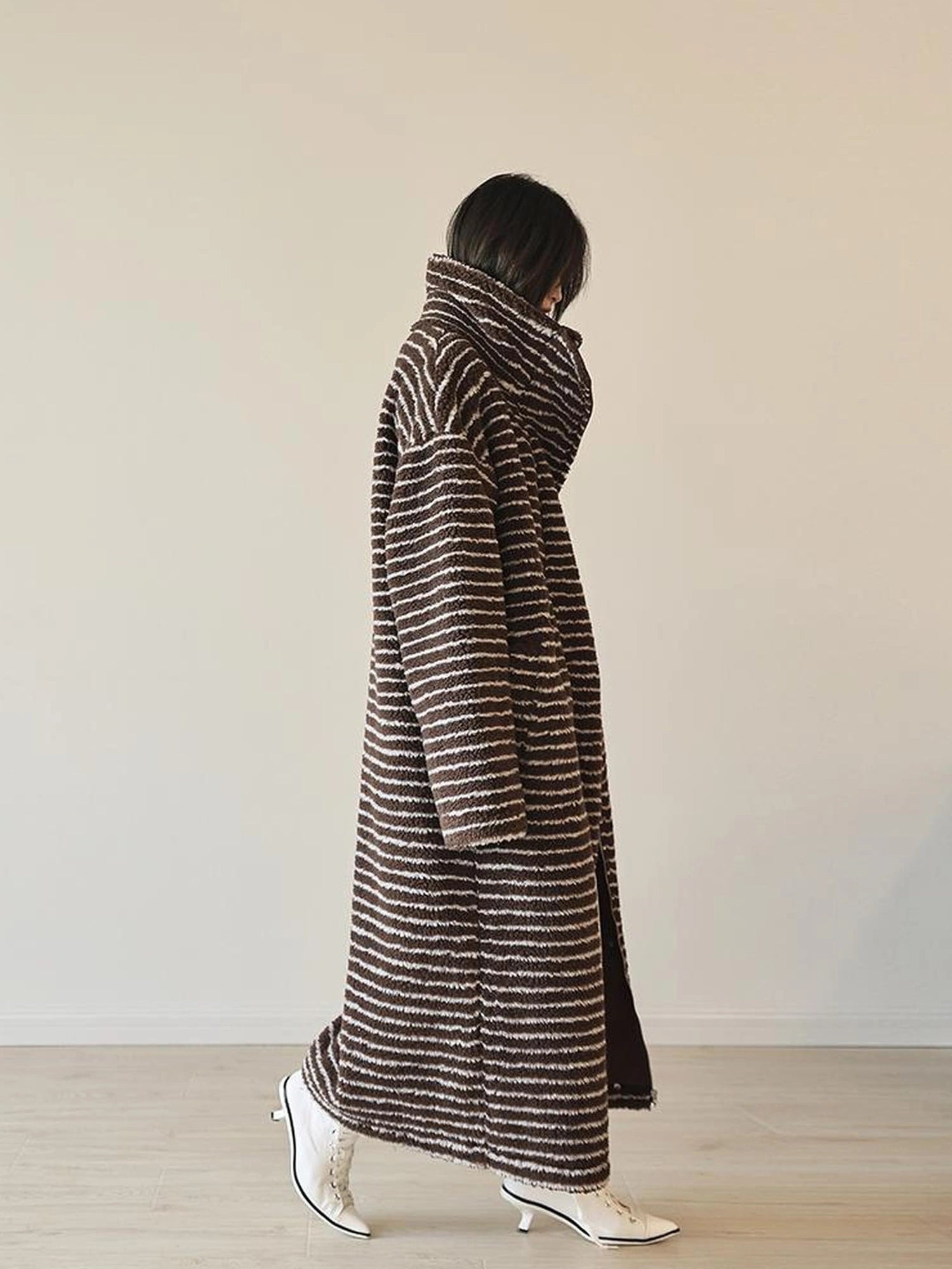 FU FRESH UP Striped Faux Shearling Oversized Trench Coat