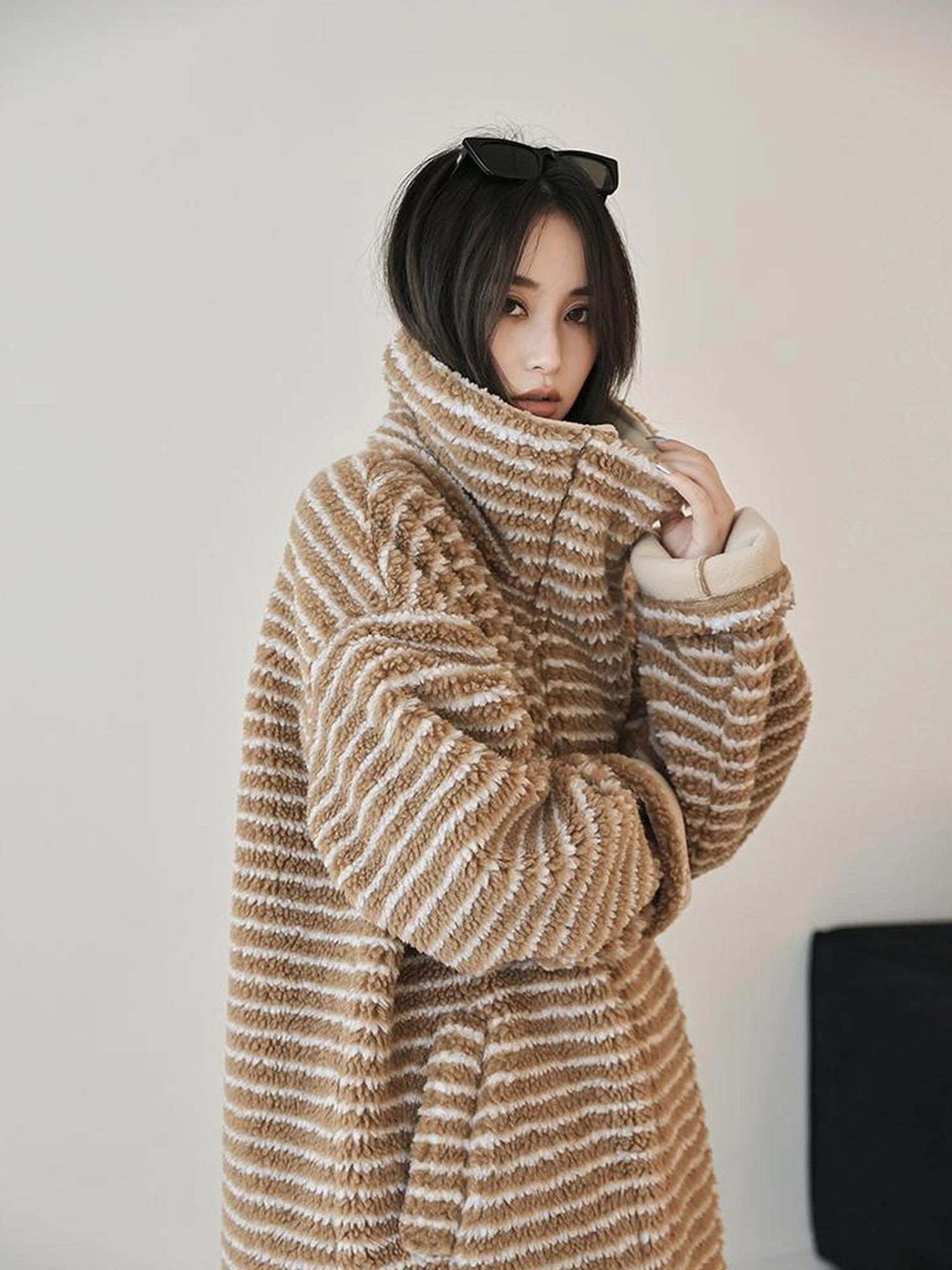 FU FRESH UP Striped Faux Shearling Oversized Trench Coat