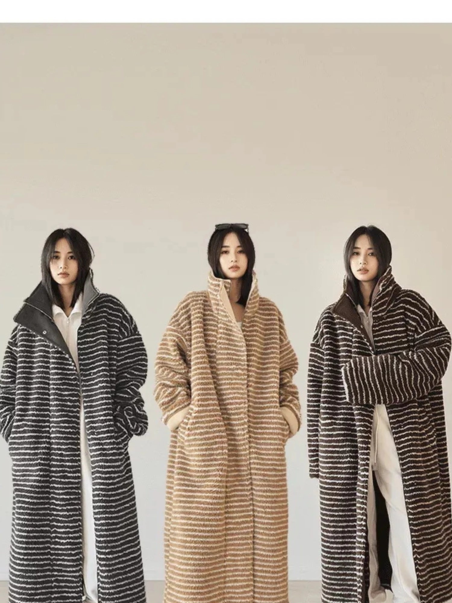 FU FRESH UP Striped Faux Shearling Oversized Trench Coat