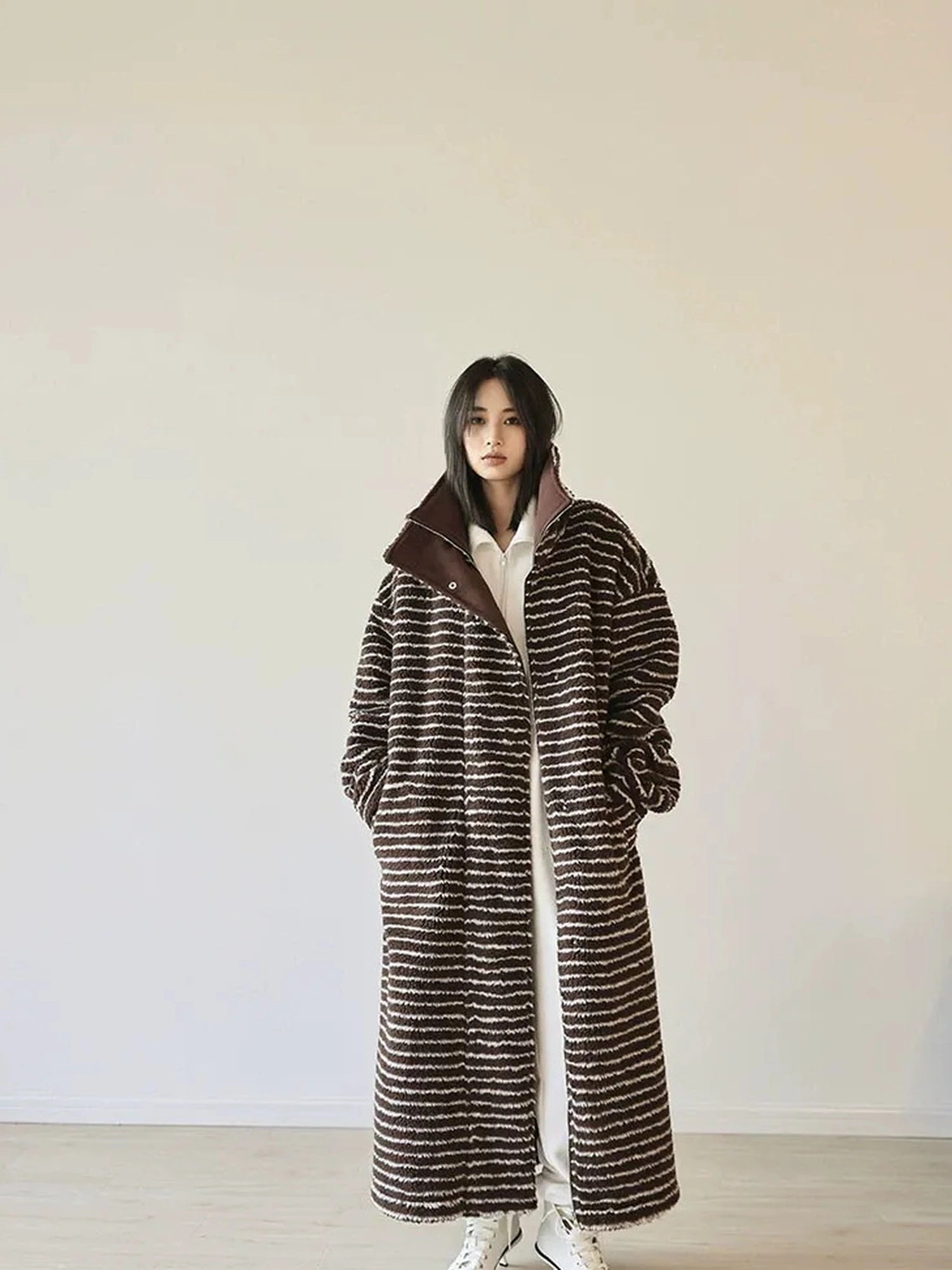 FU FRESH UP Striped Faux Shearling Oversized Trench Coat