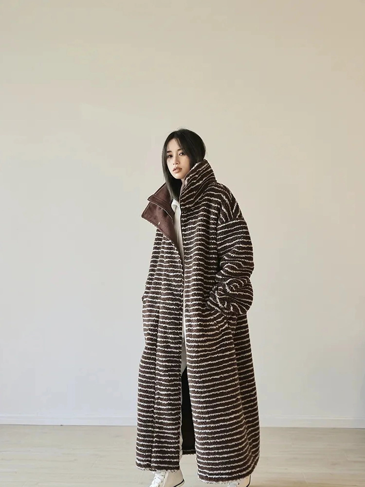 FU FRESH UP Striped Faux Shearling Oversized Trench Coat