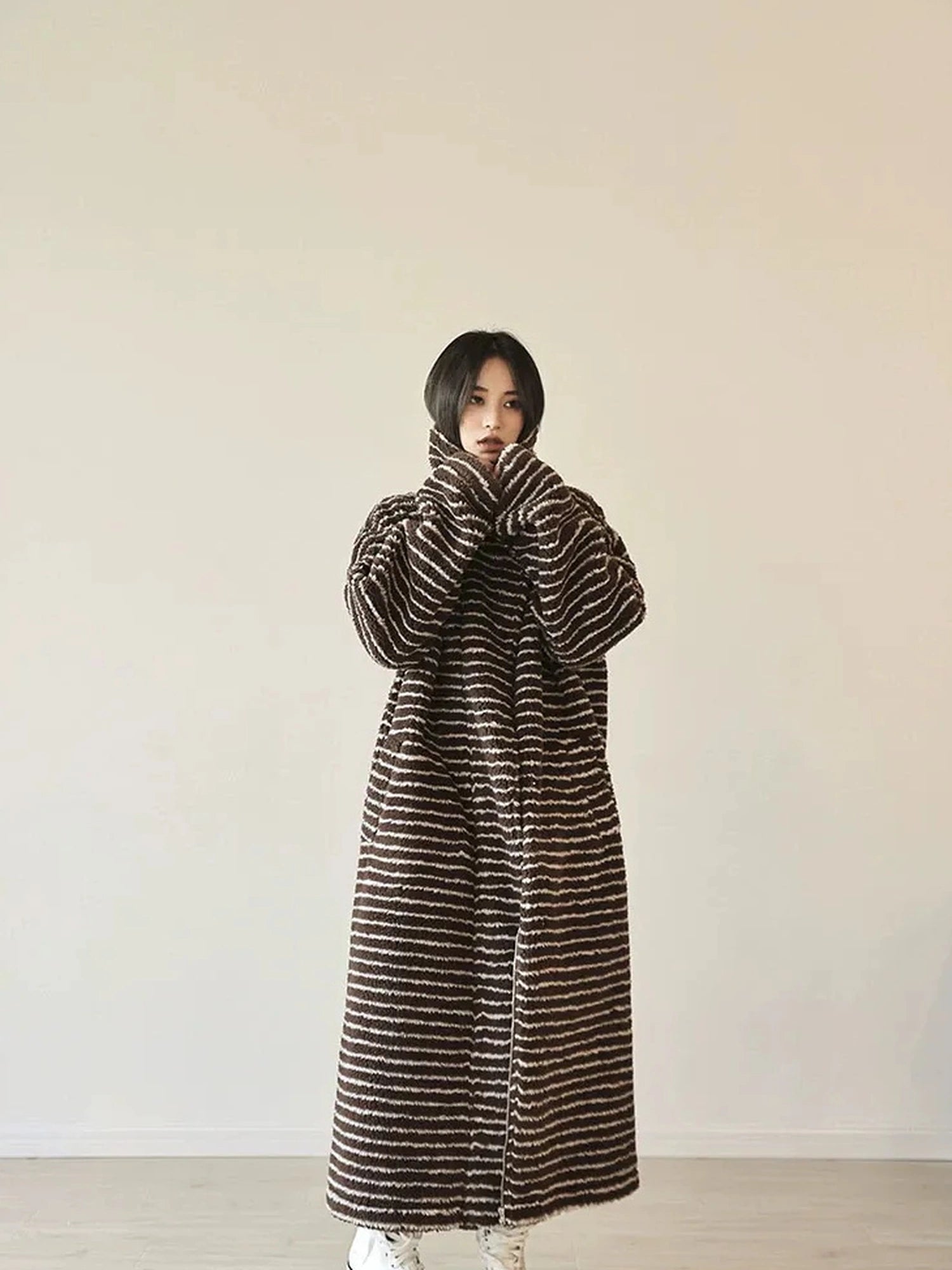 FU FRESH UP Striped Faux Shearling Oversized Trench Coat