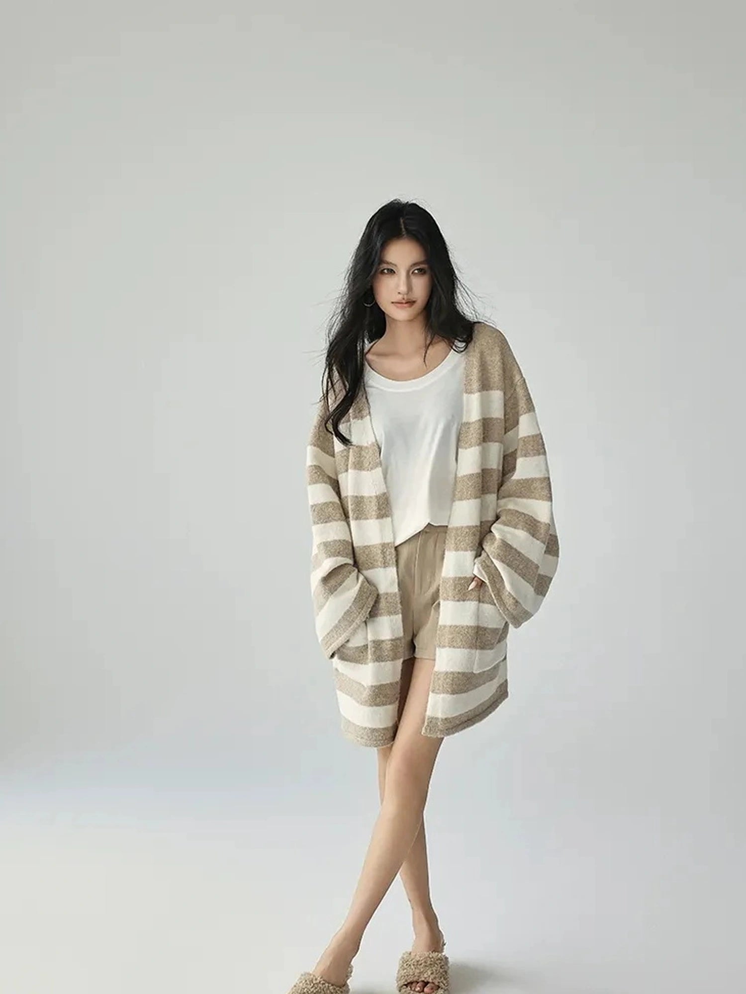 FU FRESH UP Striped Knit Cardigan Coat