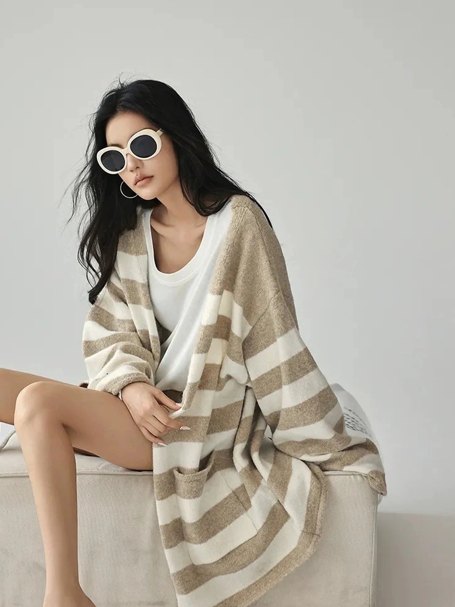 FU FRESH UP Striped Knit Cardigan Coat