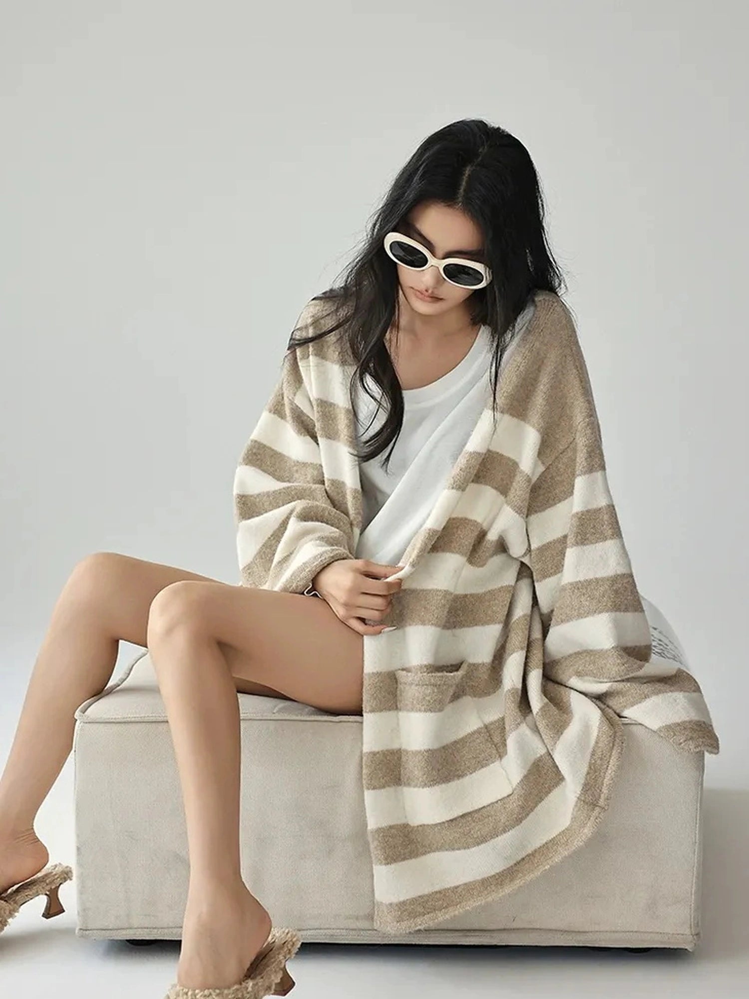 FU FRESH UP Striped Knit Cardigan Coat
