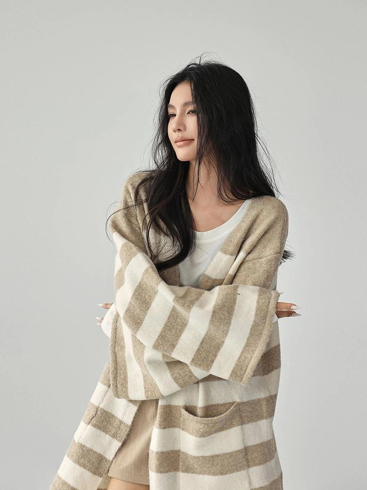 FU FRESH UP Striped Knit Cardigan Coat
