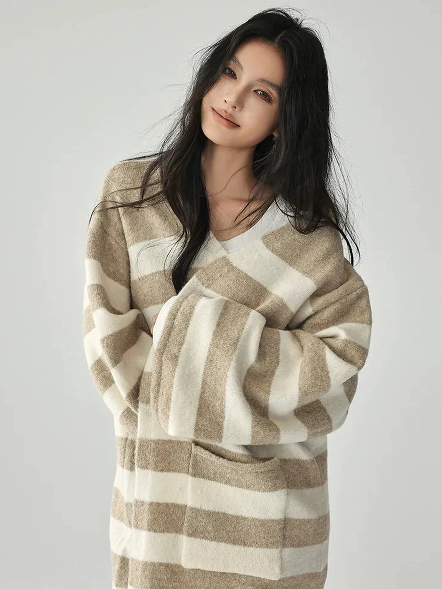 FU FRESH UP Striped Knit Cardigan Coat