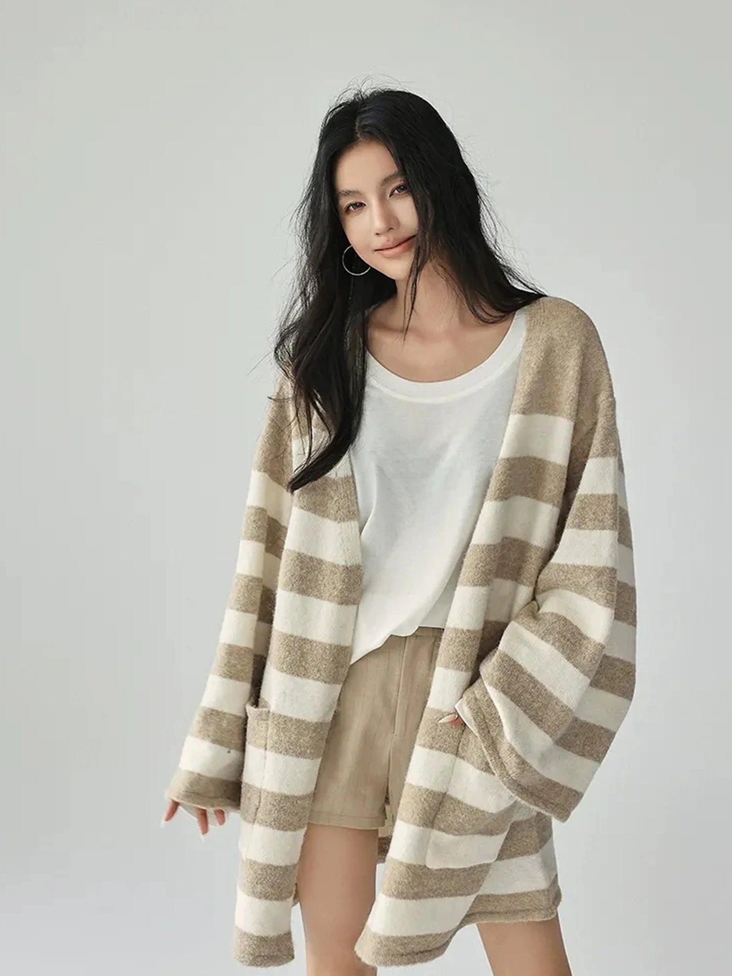 FU FRESH UP Striped Knit Cardigan Coat