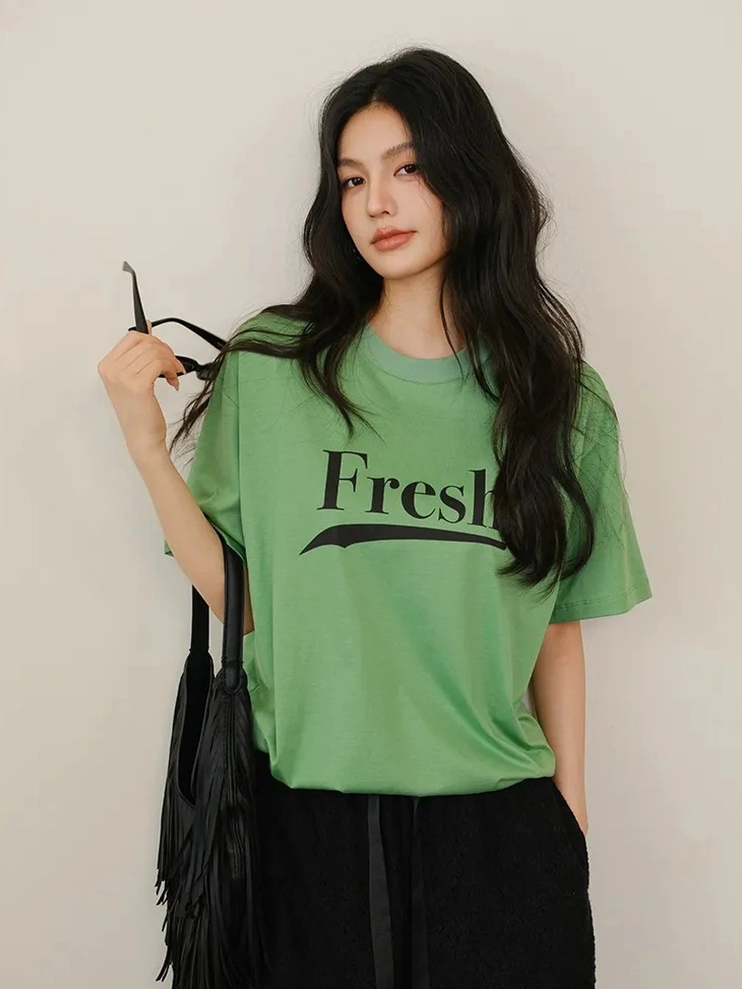 FU FRESH UP Summer Dopamine Color Block Print V-neck T-shirt Long Sleeve