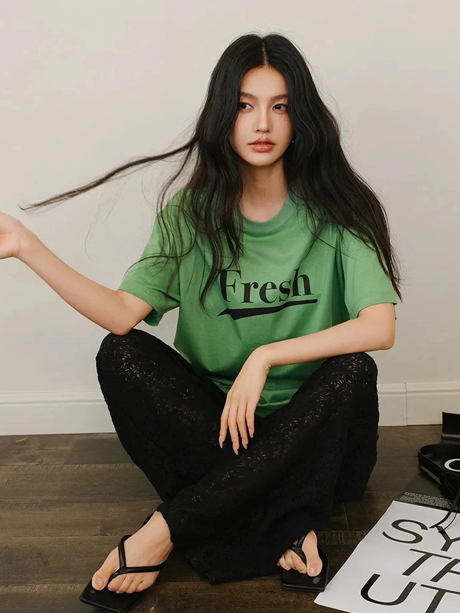 FU FRESH UP Summer Dopamine Color Block Print V-neck T-shirt Long Sleeve