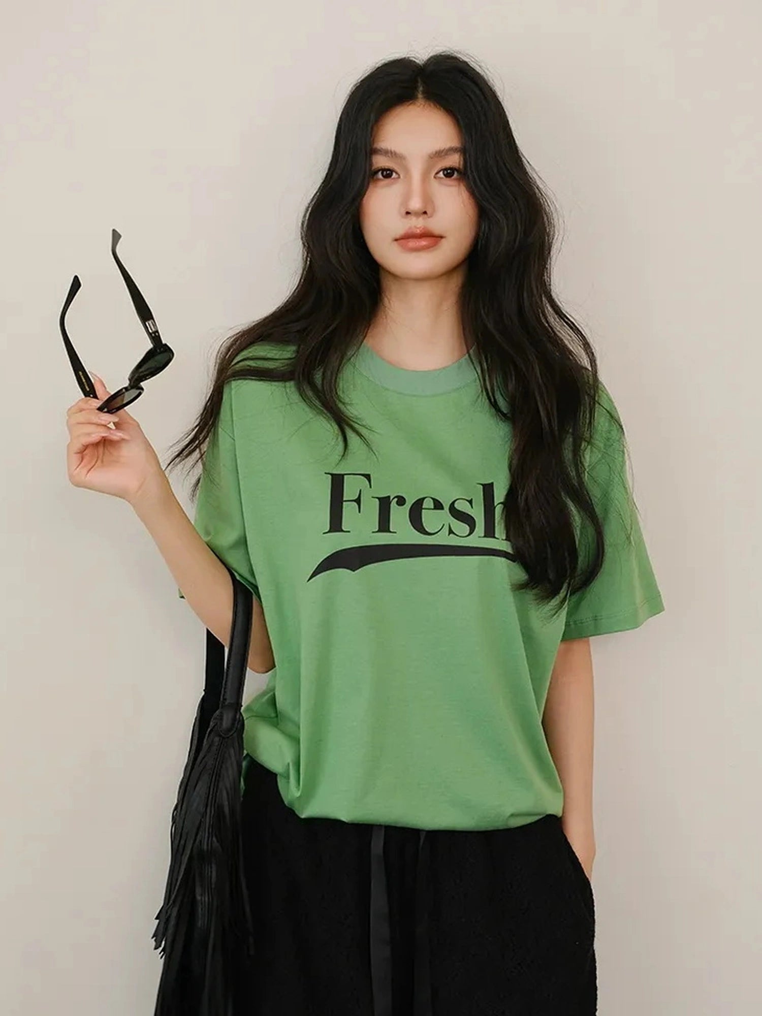 FU FRESH UP Summer Dopamine Color Block Print V-neck T-shirt Long Sleeve