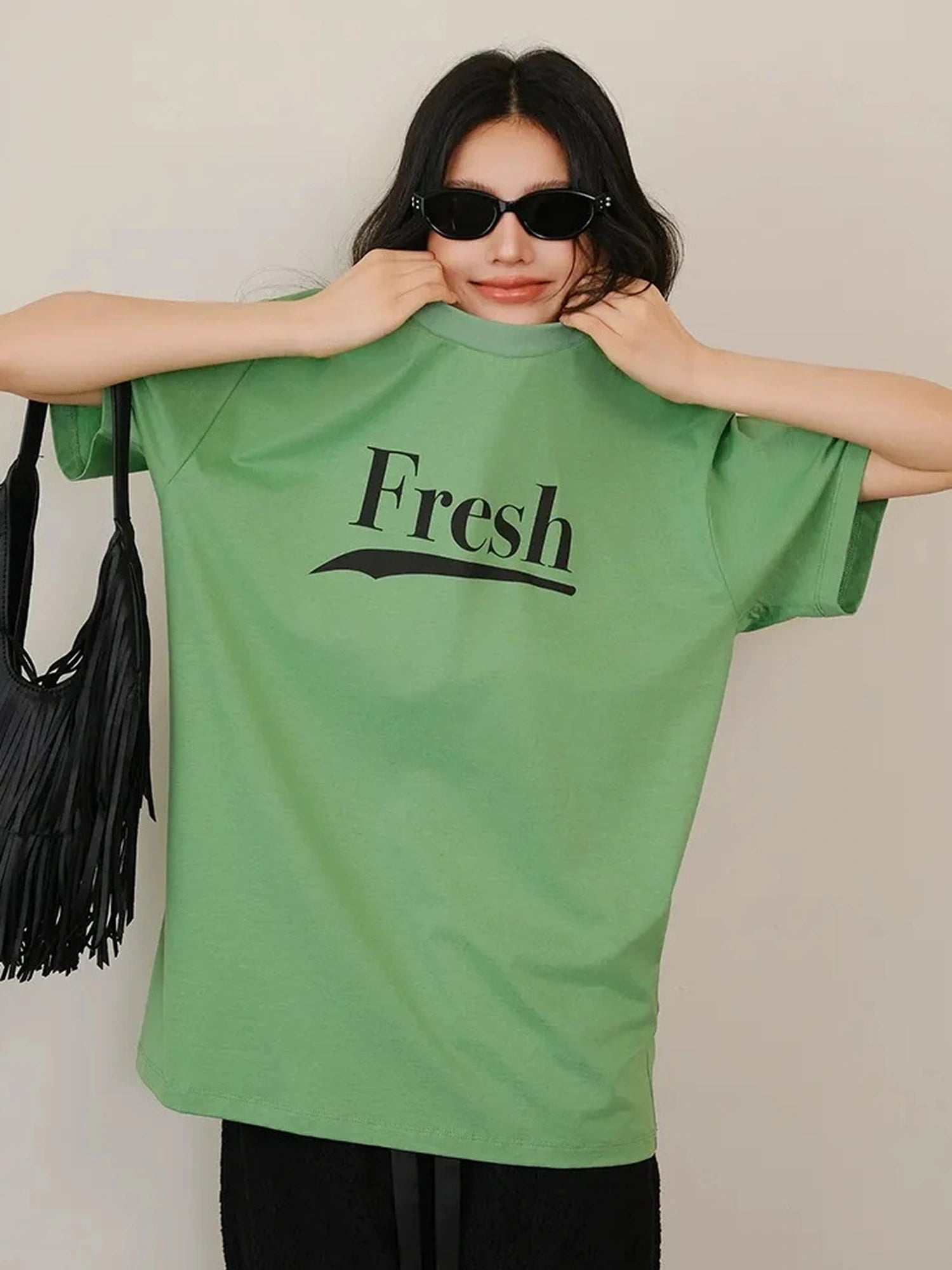 FU FRESH UP Summer Dopamine Color Block Print V-neck T-shirt Long Sleeve