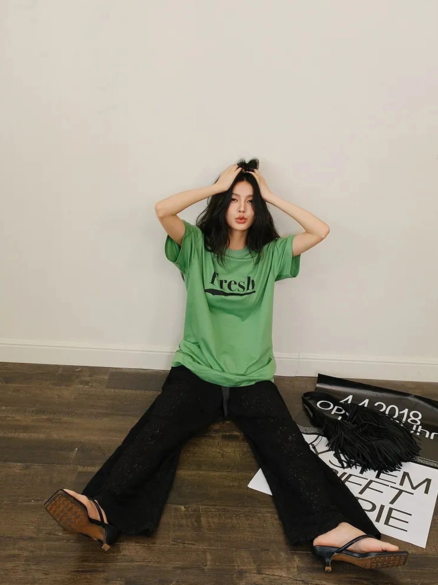 FU FRESH UP Summer Dopamine Color Block Print V-neck T-shirt Long Sleeve