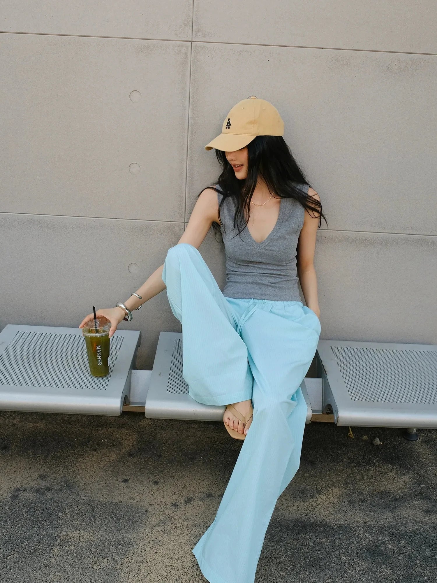 FU FRESH UP Summer Oxygen Wide Leg Striped Trousers