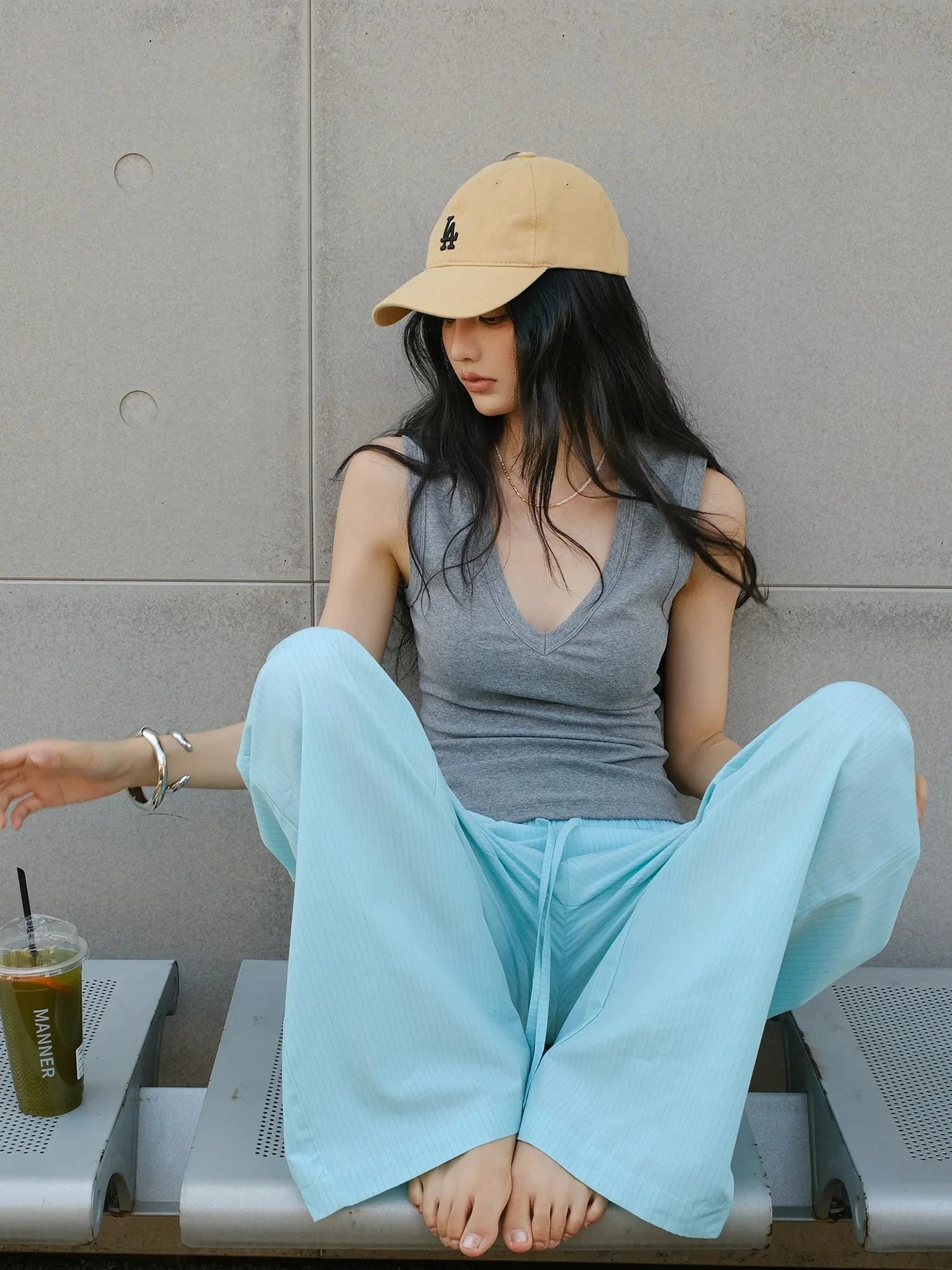 FU FRESH UP Summer Oxygen Wide Leg Striped Trousers