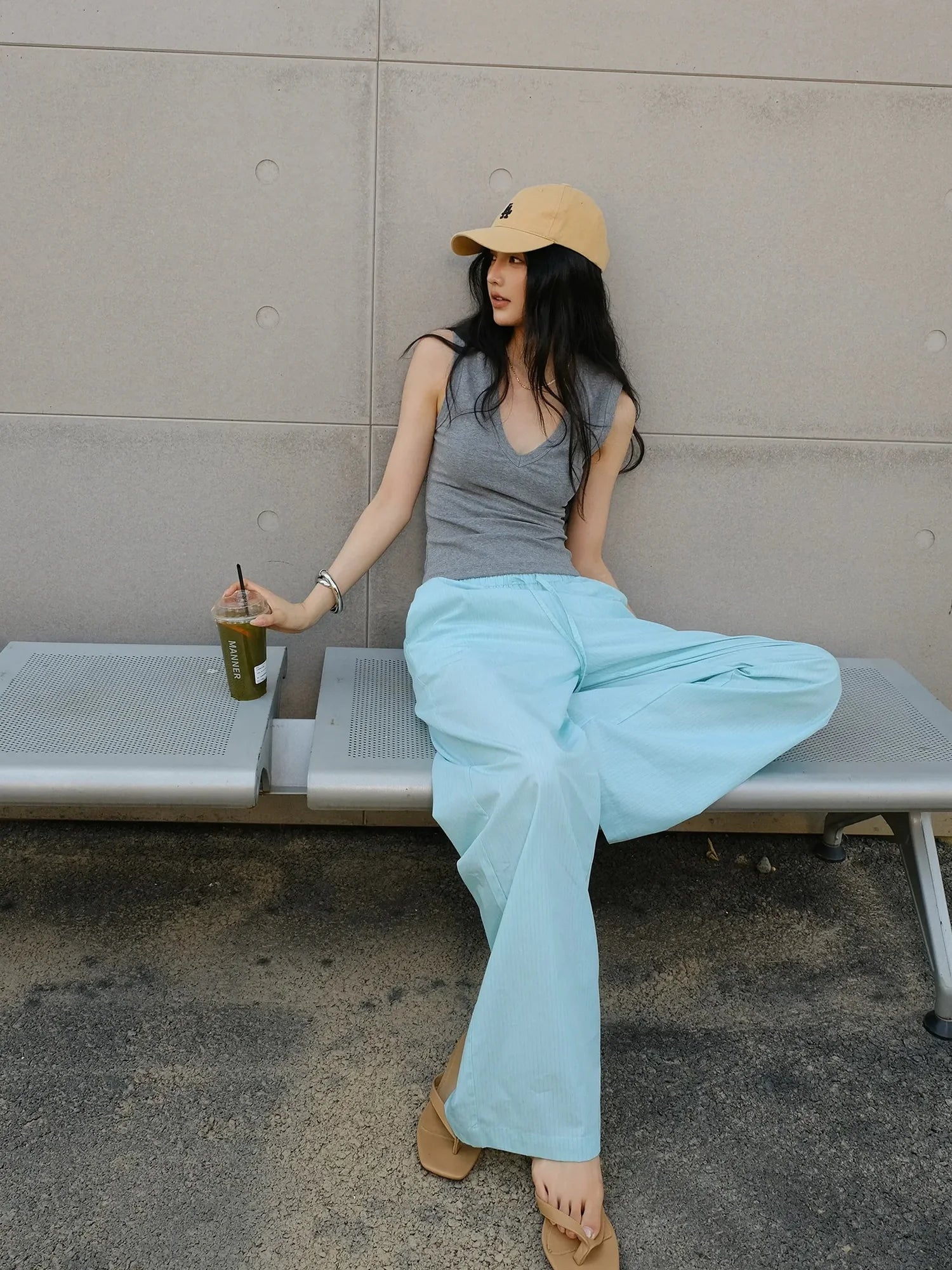 FU FRESH UP Summer Oxygen Wide Leg Striped Trousers
