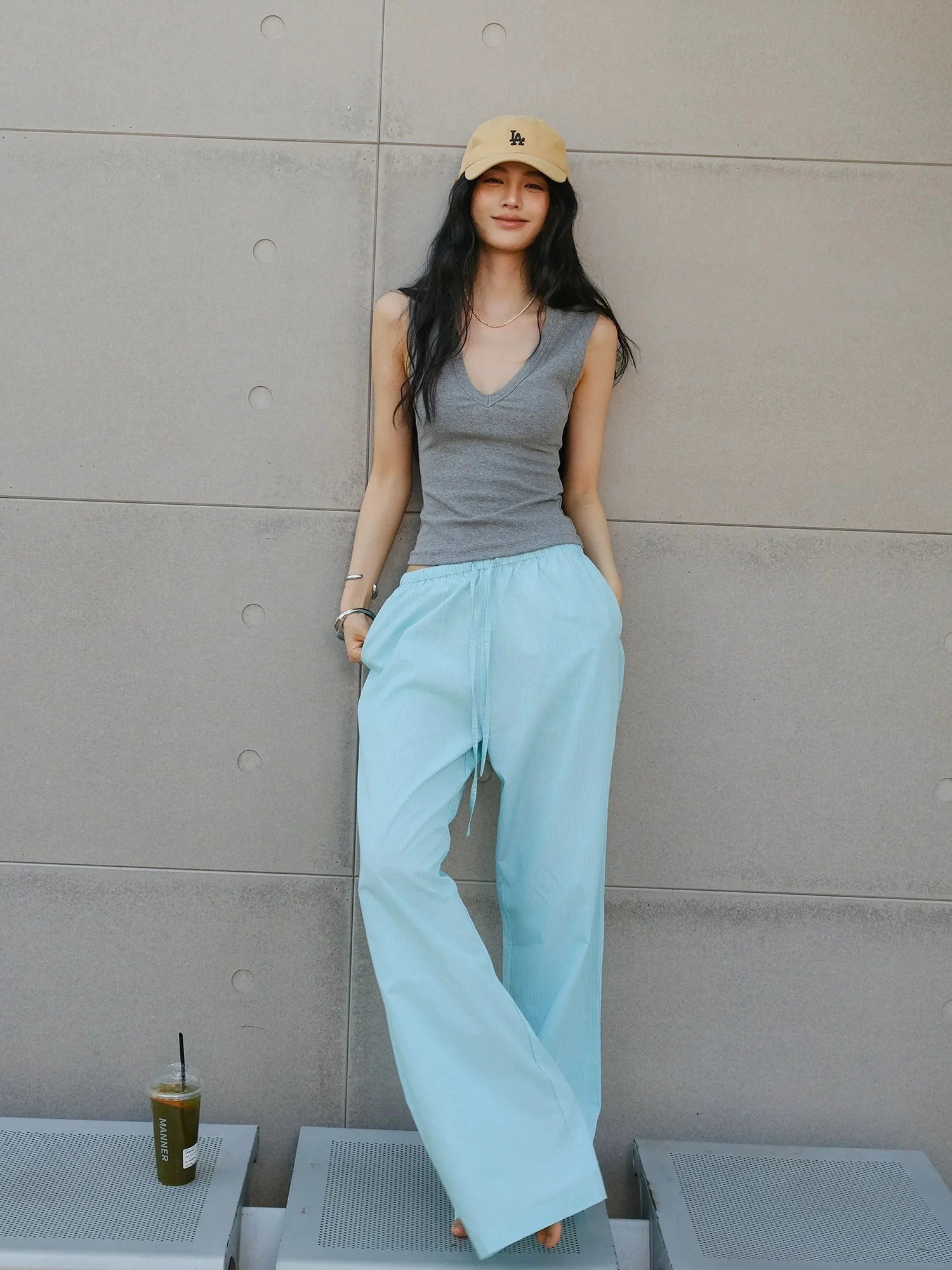 FU FRESH UP Summer Oxygen Wide Leg Striped Trousers