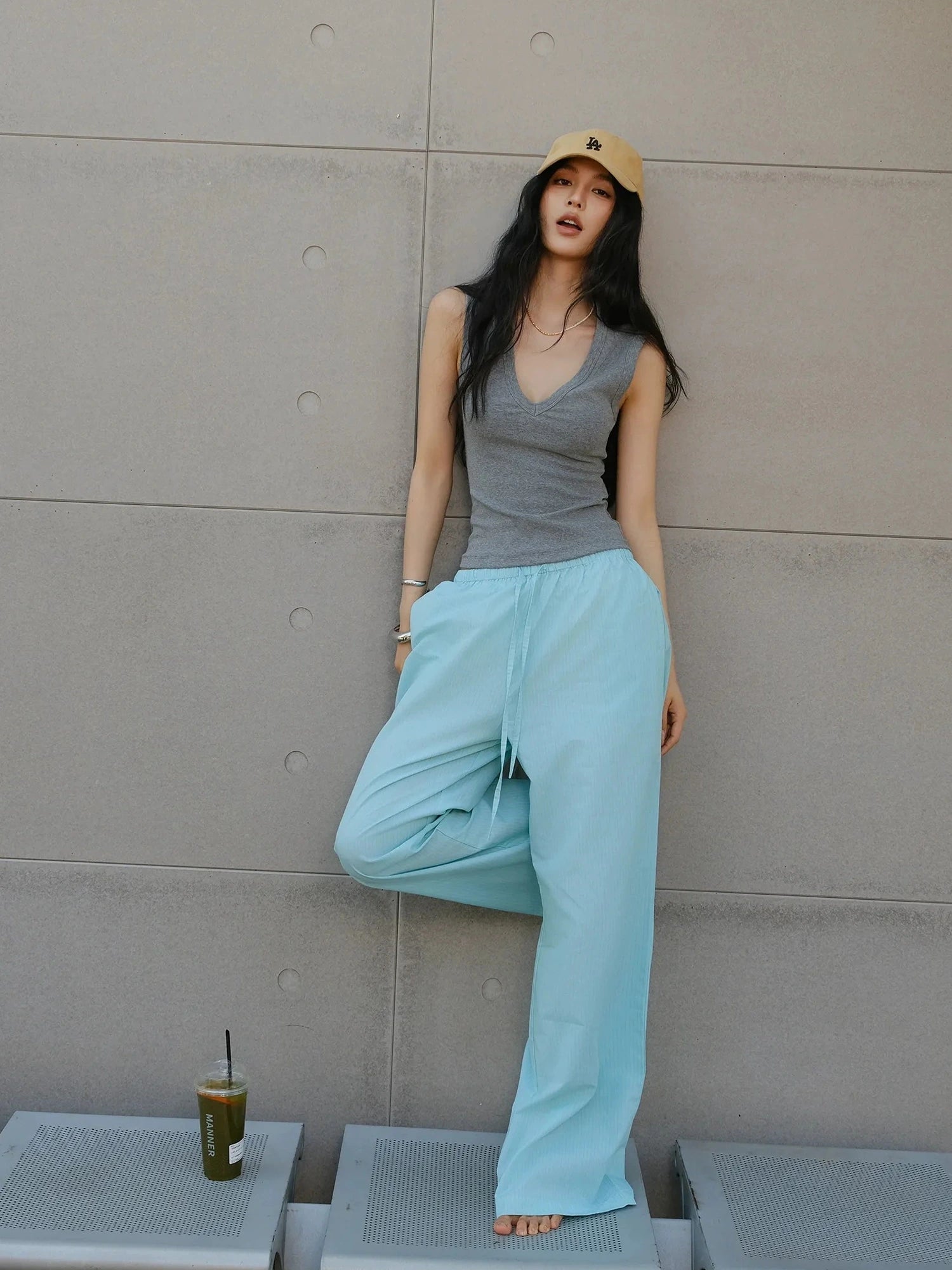 FU FRESH UP Summer Oxygen Wide Leg Striped Trousers
