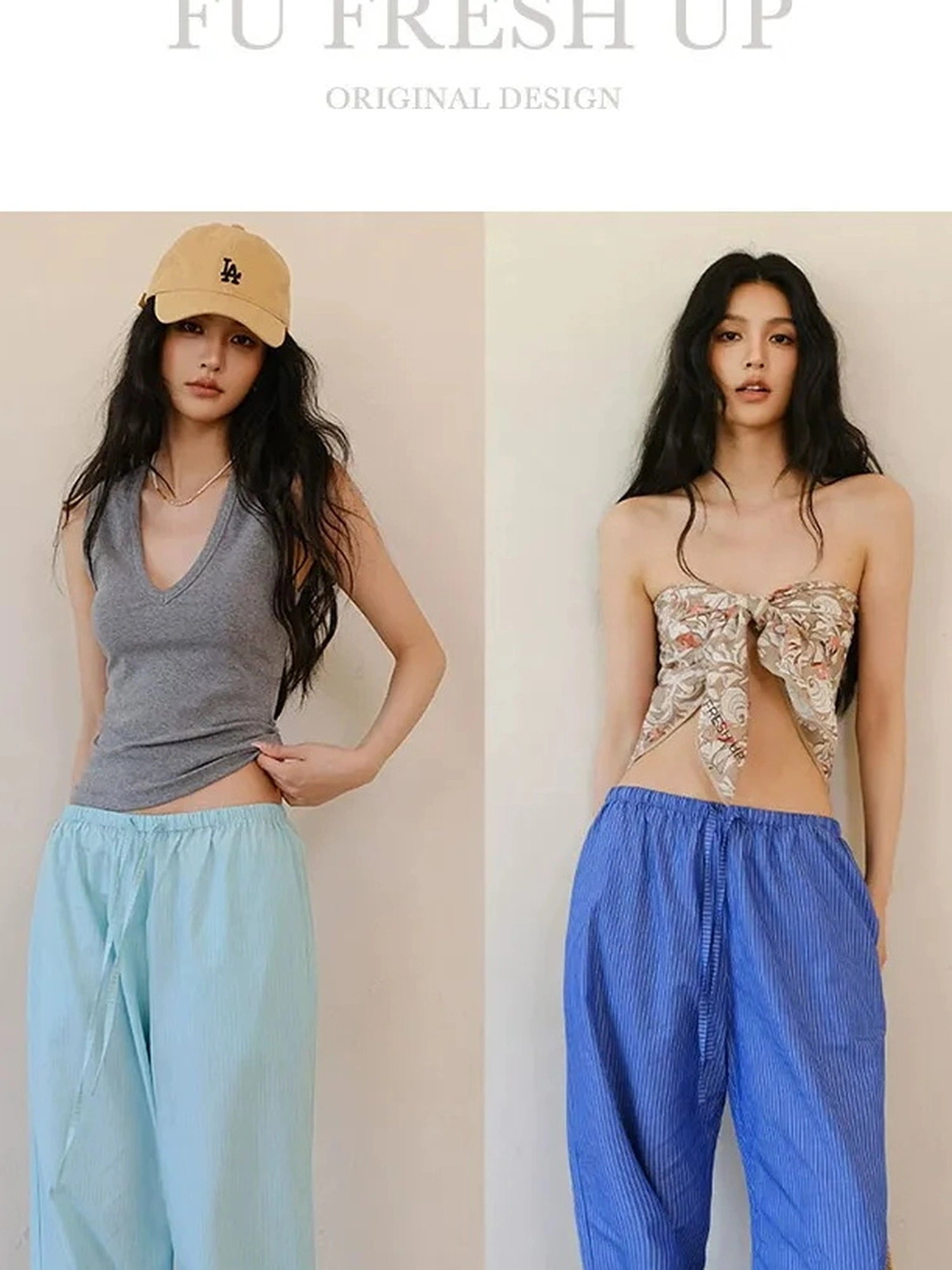 FU FRESH UP Summer Oxygen Wide Leg Striped Trousers