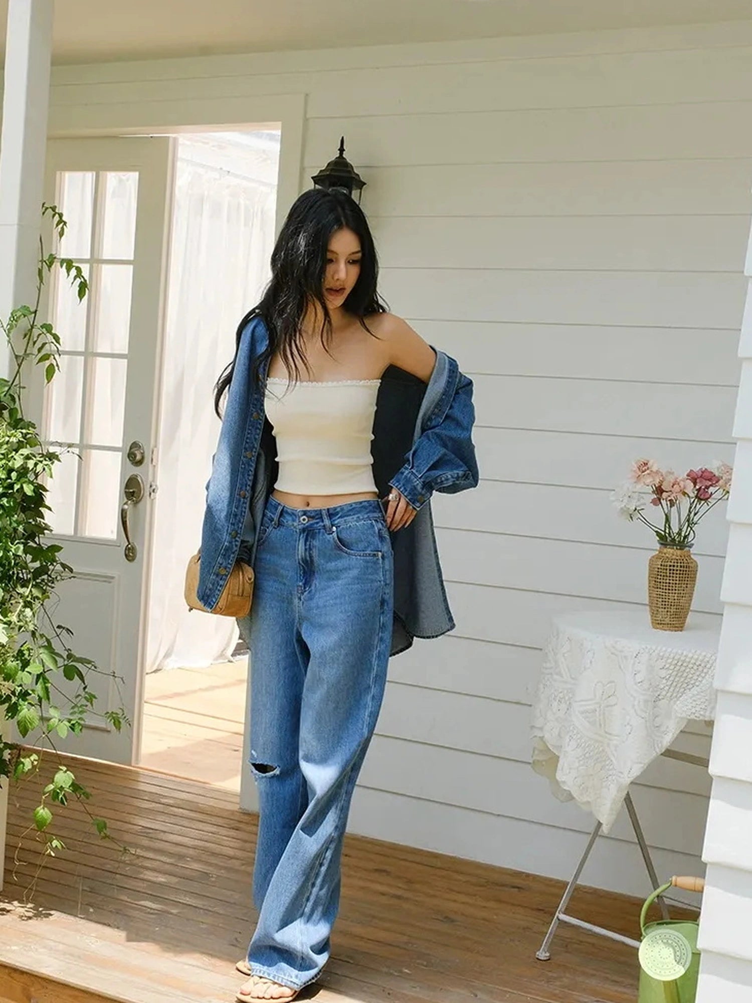 FU FRESH UP Tencel Cotton Ripped Relaxed Straight Leg Jeans