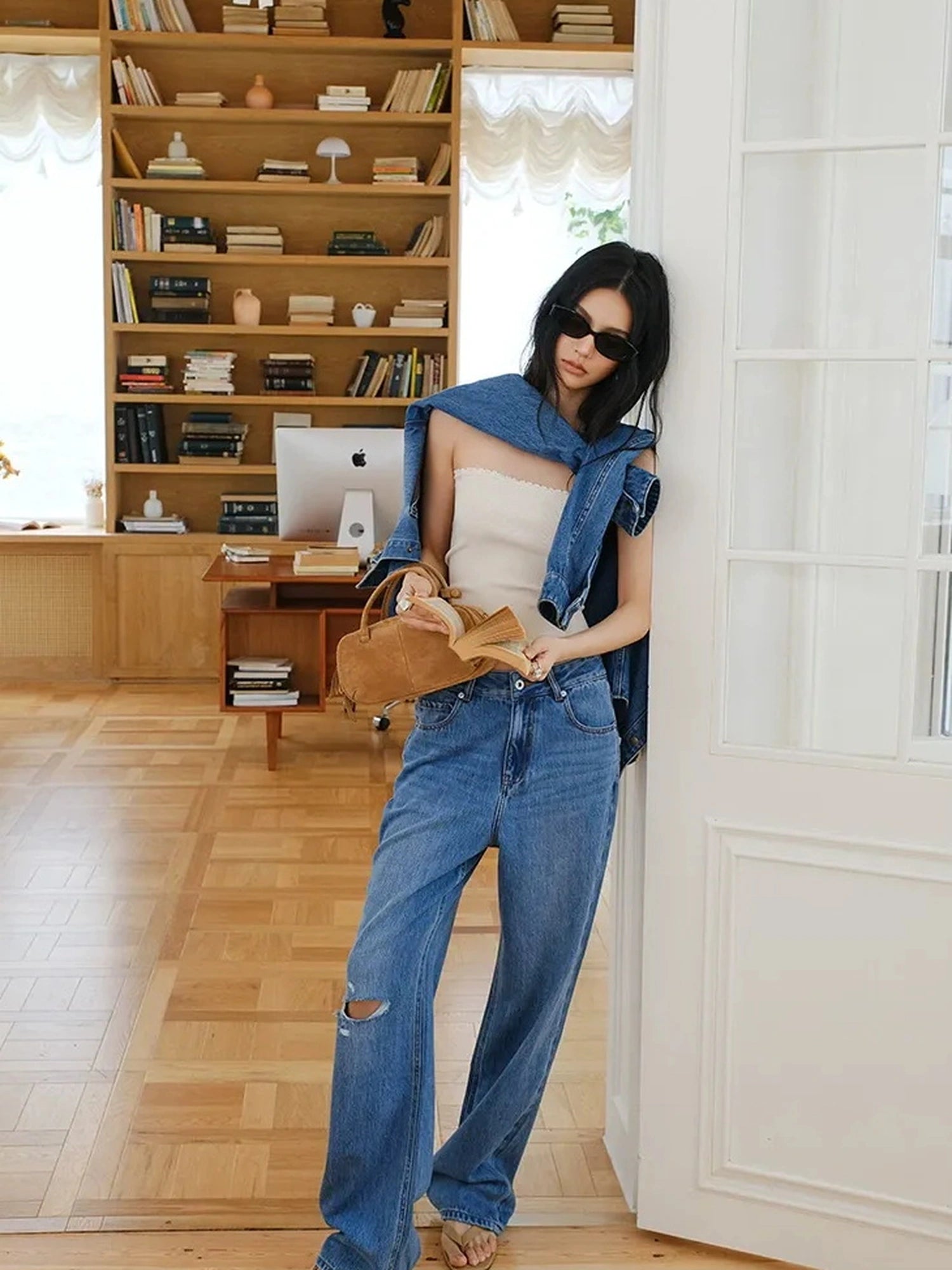 FU FRESH UP Tencel Cotton Ripped Relaxed Straight Leg Jeans