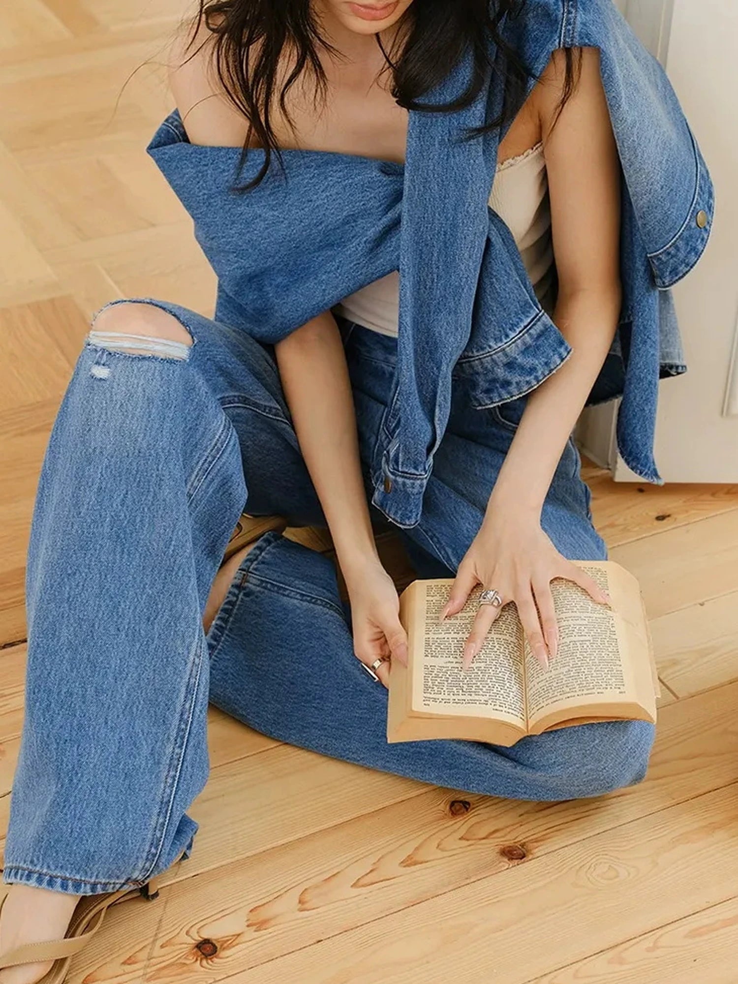 FU FRESH UP Tencel Cotton Ripped Relaxed Straight Leg Jeans