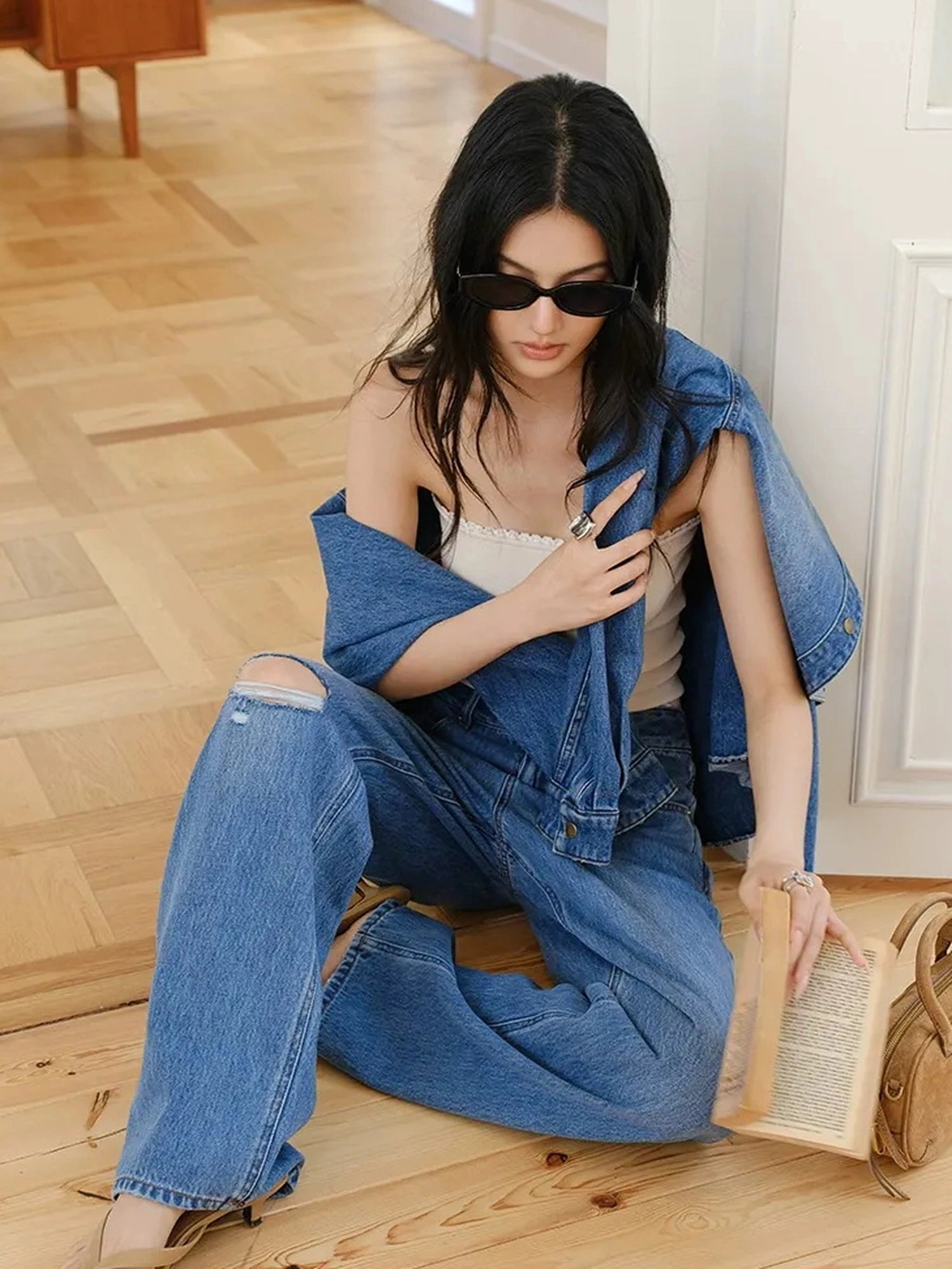 FU FRESH UP Tencel Cotton Ripped Relaxed Straight Leg Jeans