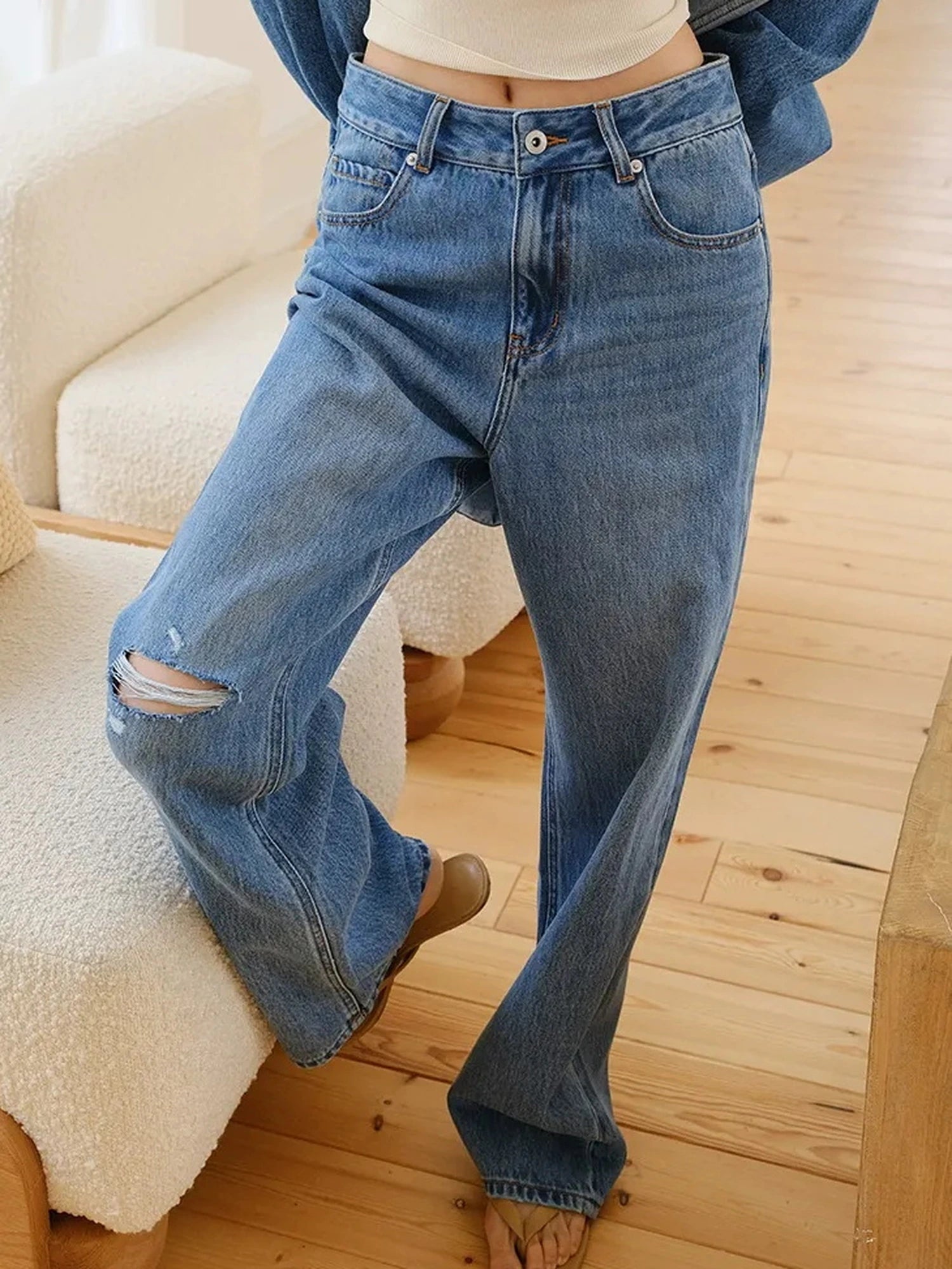 FU FRESH UP Tencel Cotton Ripped Relaxed Straight Leg Jeans