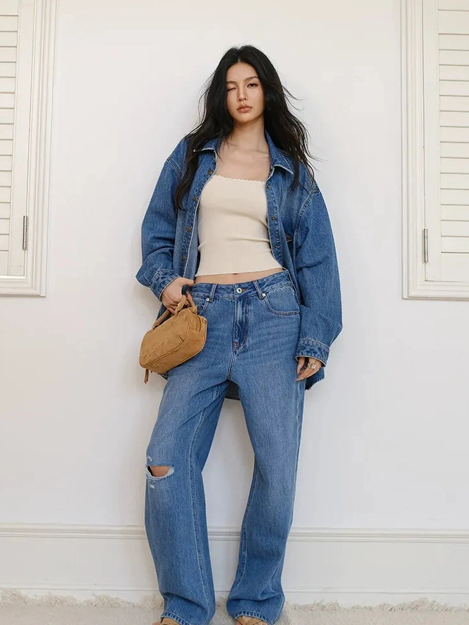 FU FRESH UP Tencel Cotton Ripped Relaxed Straight Leg Jeans