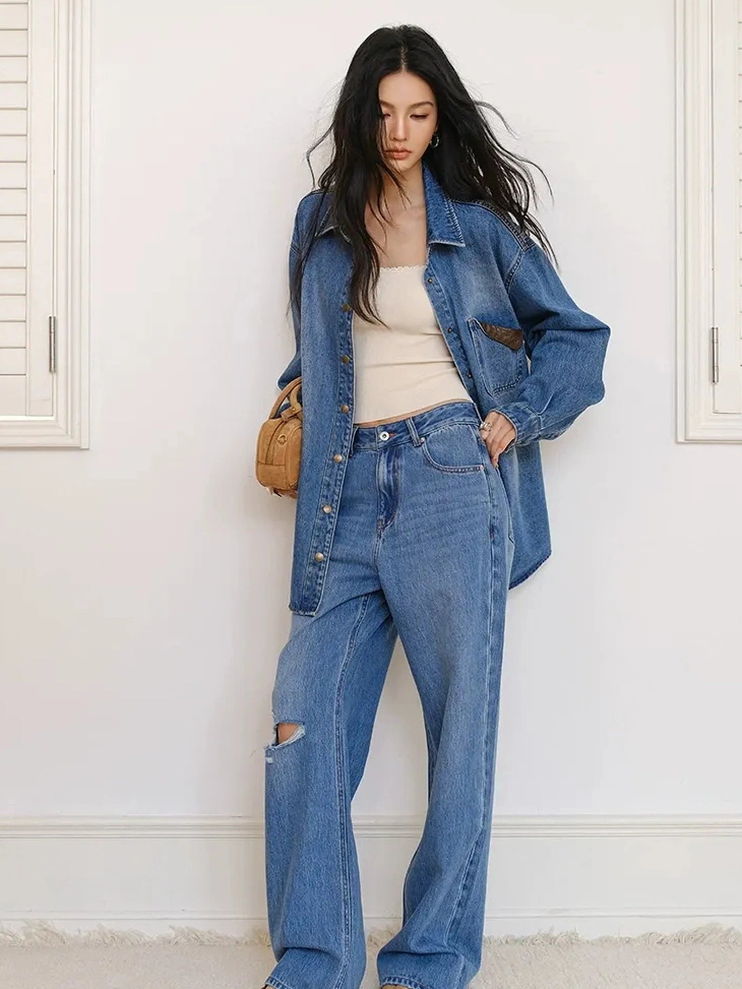 FU FRESH UP Tencel Cotton Ripped Relaxed Straight Leg Jeans