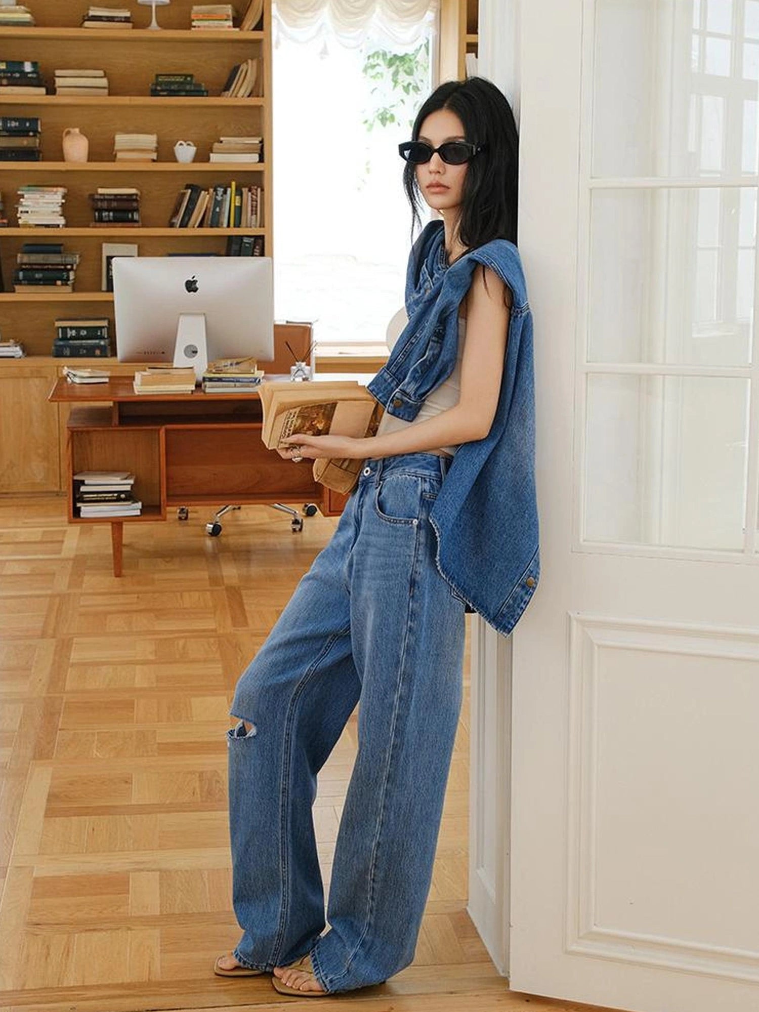 FU FRESH UP Tencel Cotton Ripped Relaxed Straight Leg Jeans