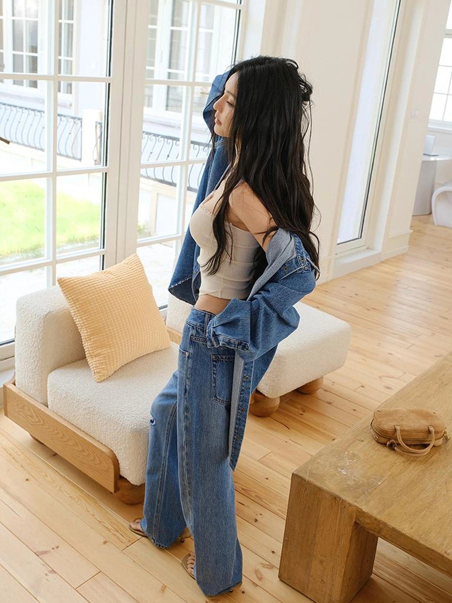 FU FRESH UP Tencel Cotton Ripped Relaxed Straight Leg Jeans