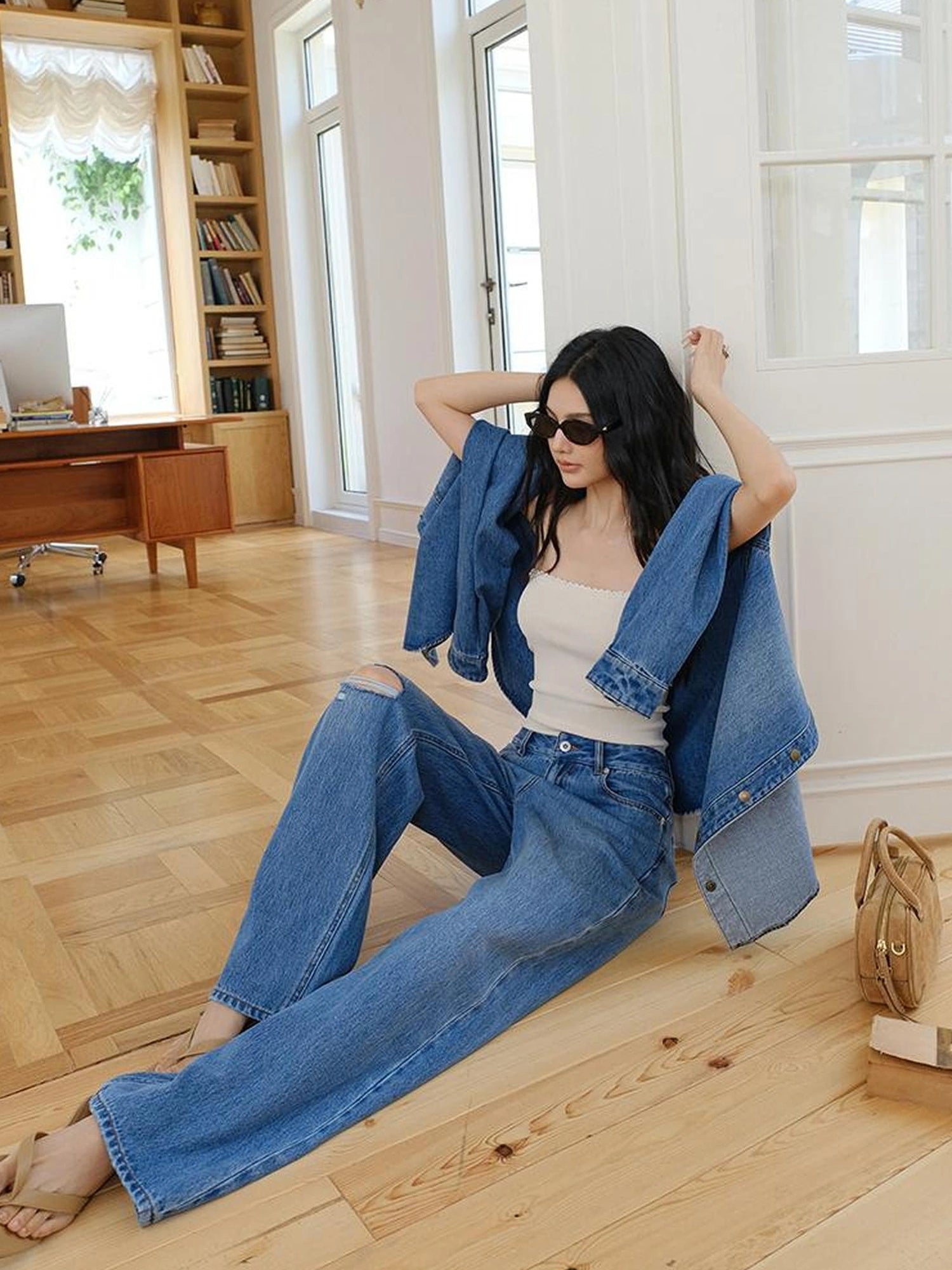 FU FRESH UP Tencel Cotton Ripped Relaxed Straight Leg Jeans