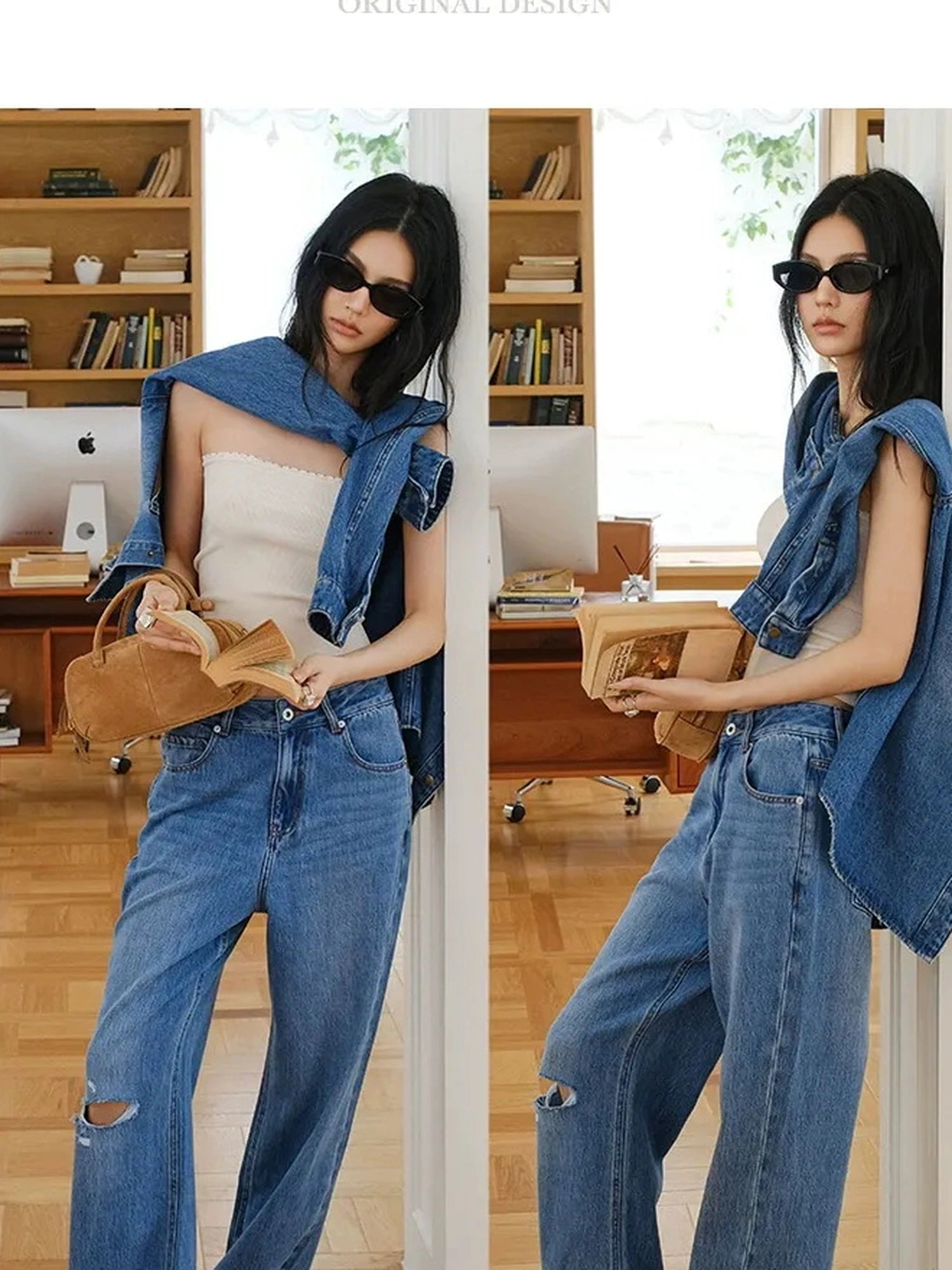 FU FRESH UP Tencel Cotton Ripped Relaxed Straight Leg Jeans