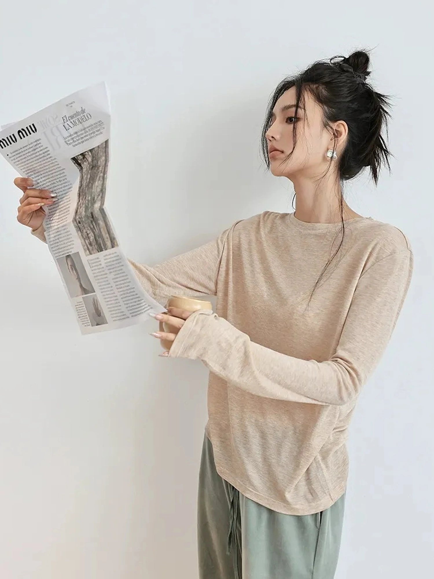 FU FRESH UP Tencel Wool Relaxed Fit V-neck T-shirt Long Sleeve