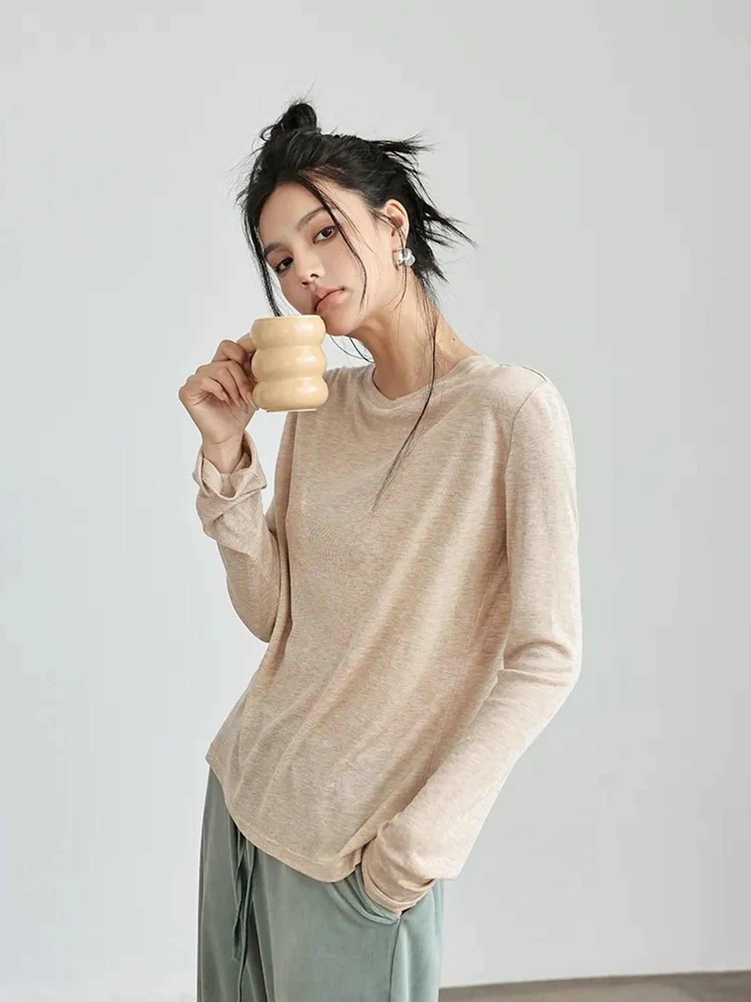 FU FRESH UP Tencel Wool Relaxed Fit V-neck T-shirt Long Sleeve