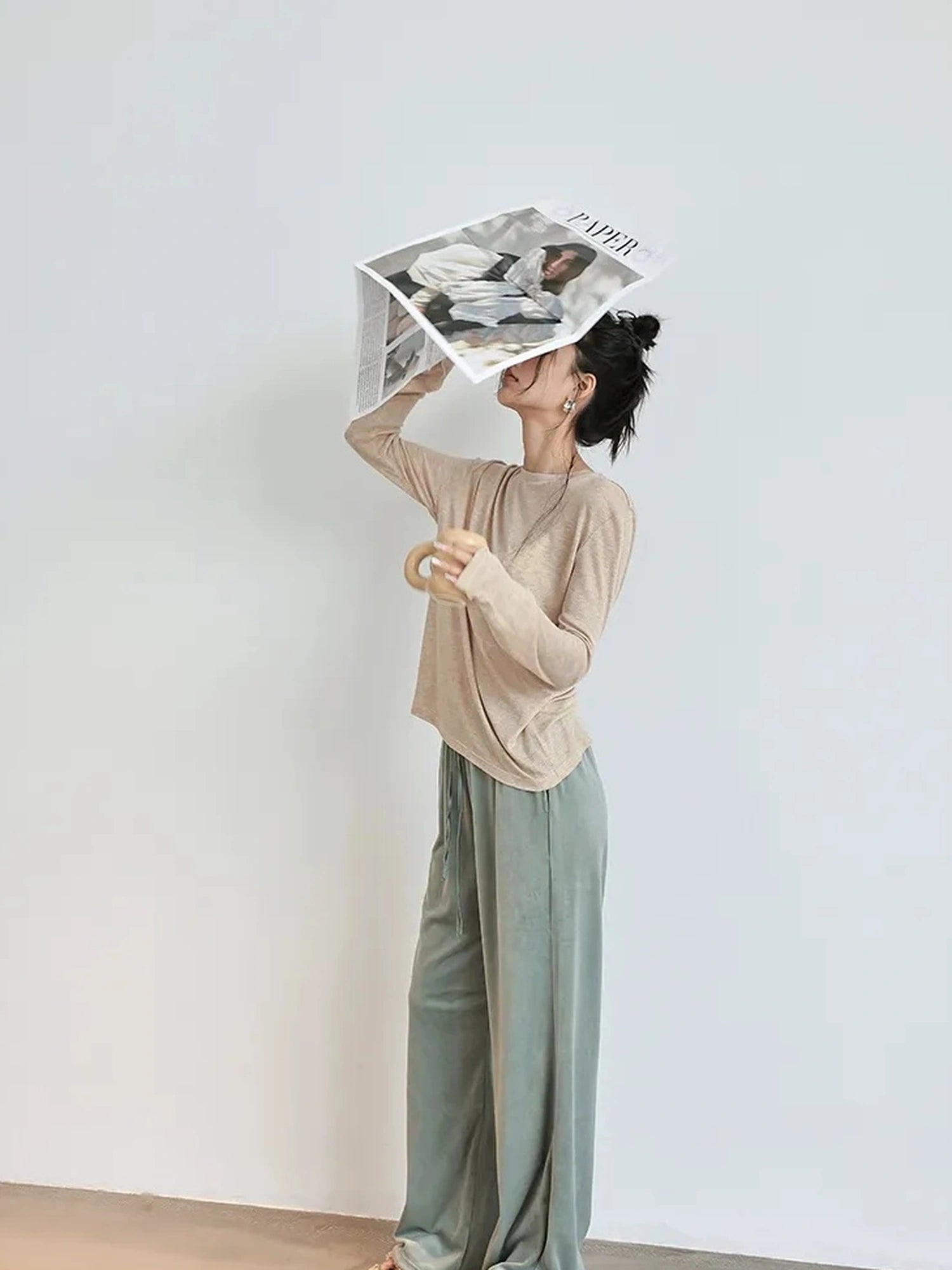 FU FRESH UP Tencel Wool Relaxed Fit V-neck T-shirt Long Sleeve