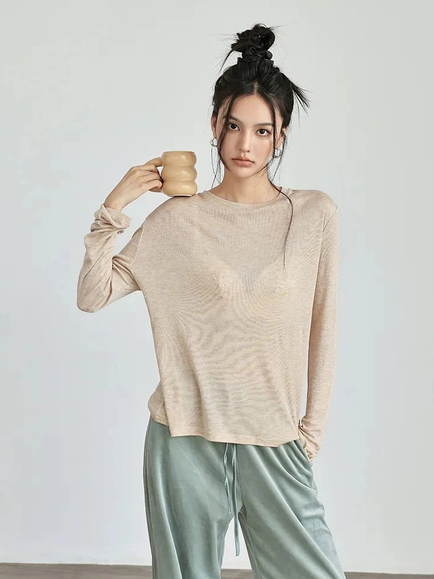 FU FRESH UP Tencel Wool Relaxed Fit V-neck T-shirt Long Sleeve