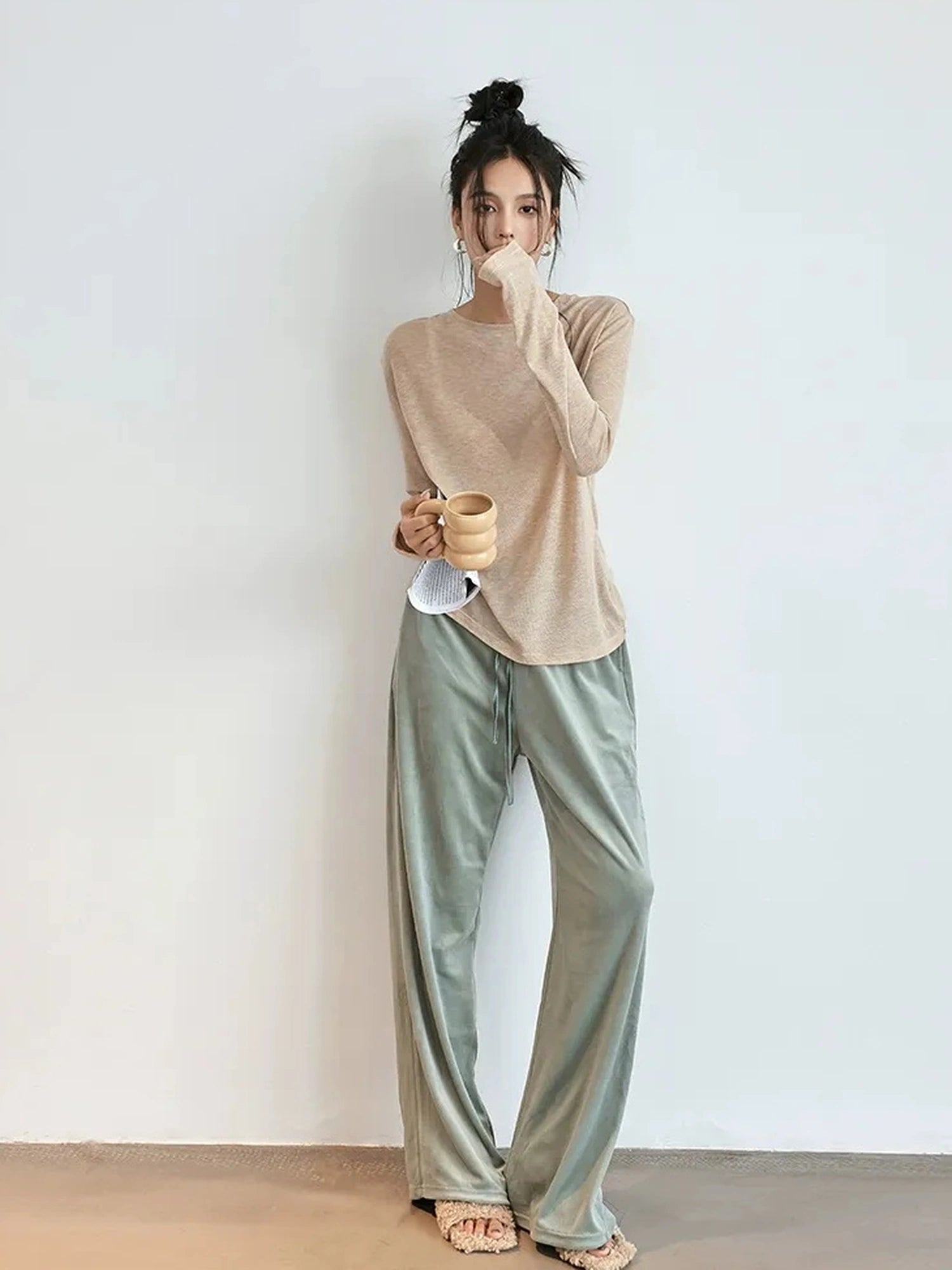 FU FRESH UP Tencel Wool Relaxed Fit V-neck T-shirt Long Sleeve