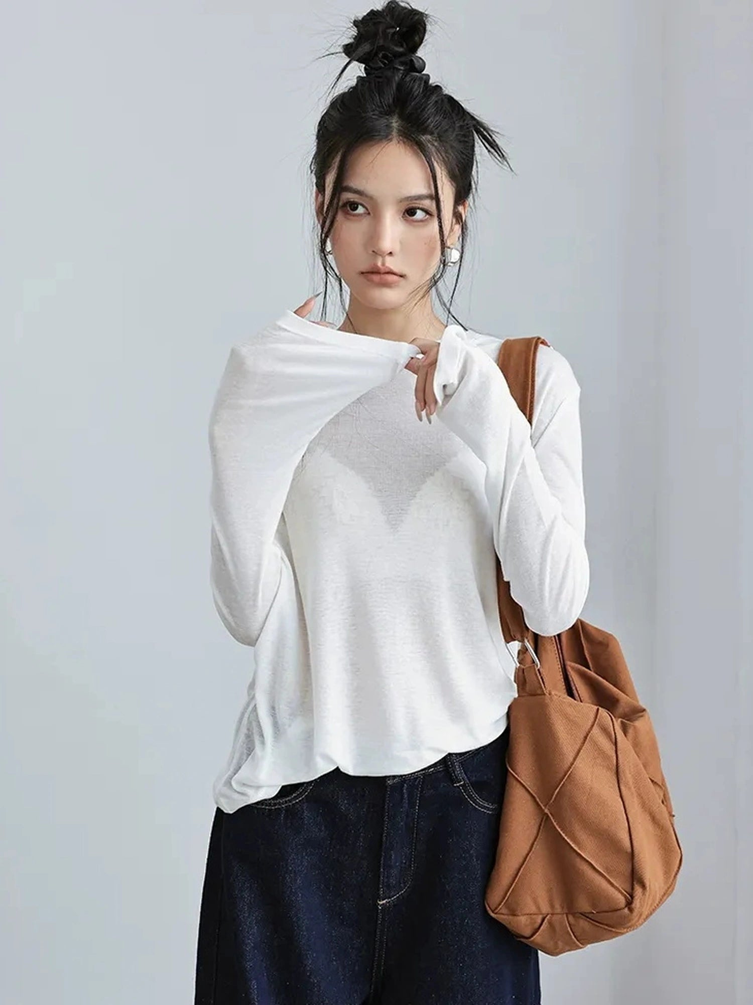 FU FRESH UP Tencel Wool Relaxed Fit V-neck T-shirt Long Sleeve