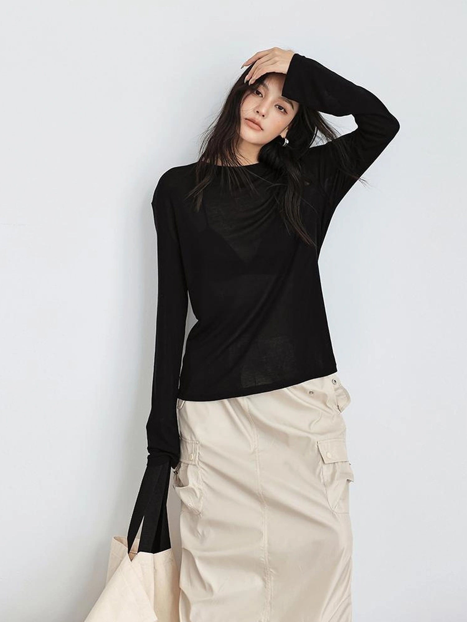 FU FRESH UP Tencel Wool Relaxed Fit V-neck T-shirt Long Sleeve