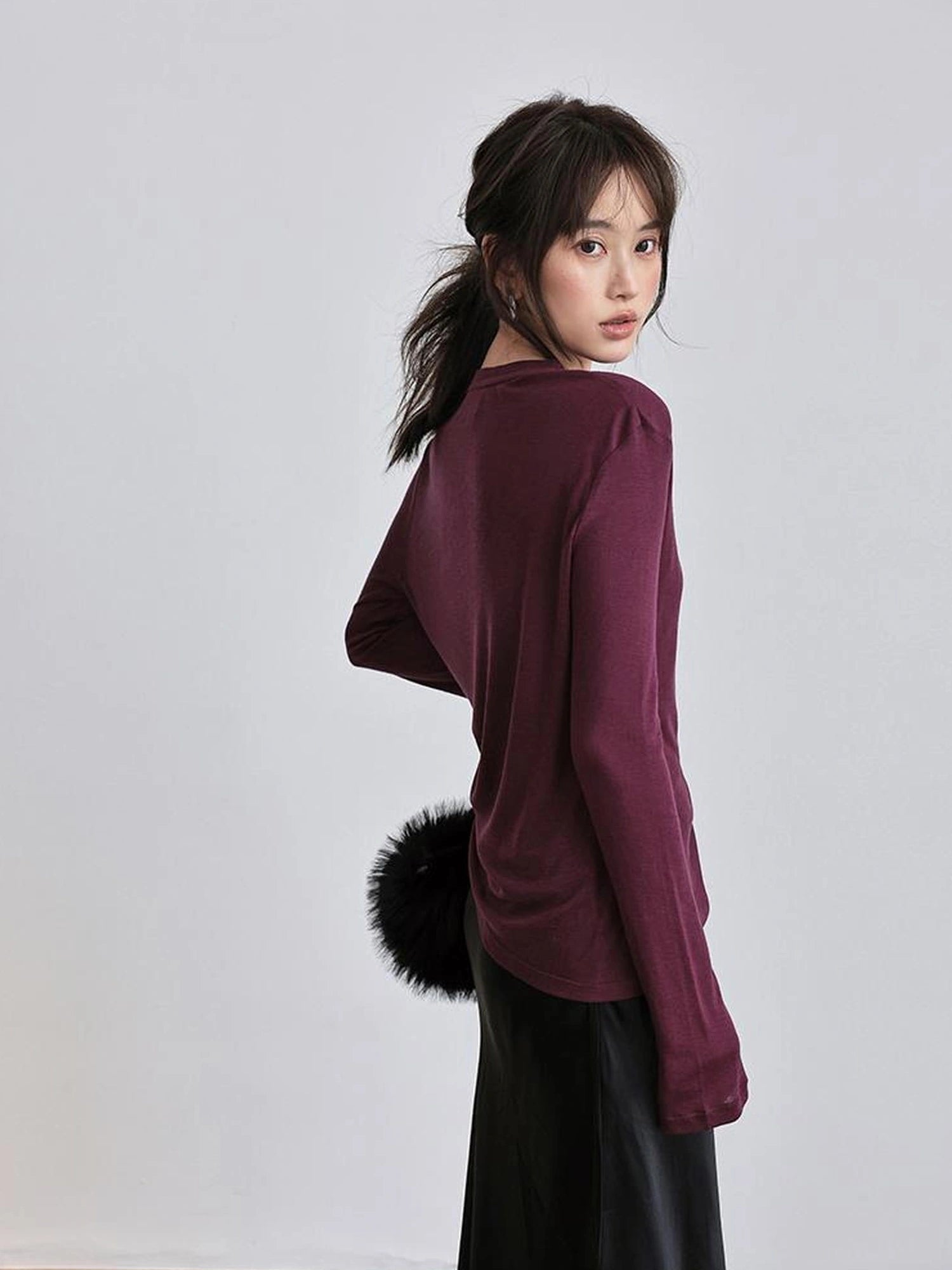 FU FRESH UP Tencel Wool Relaxed Fit V-neck T-shirt Long Sleeve